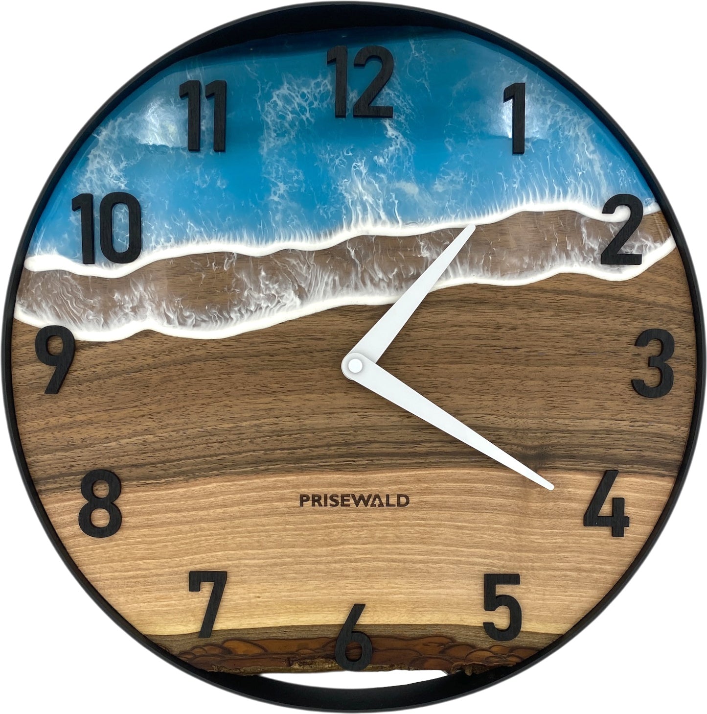 Runde Wanduhr aus Walnussholz, 35 cm, schwarzer Rahmen, arabische Ziffern, blaues Epoxidharz - PRISEWALD