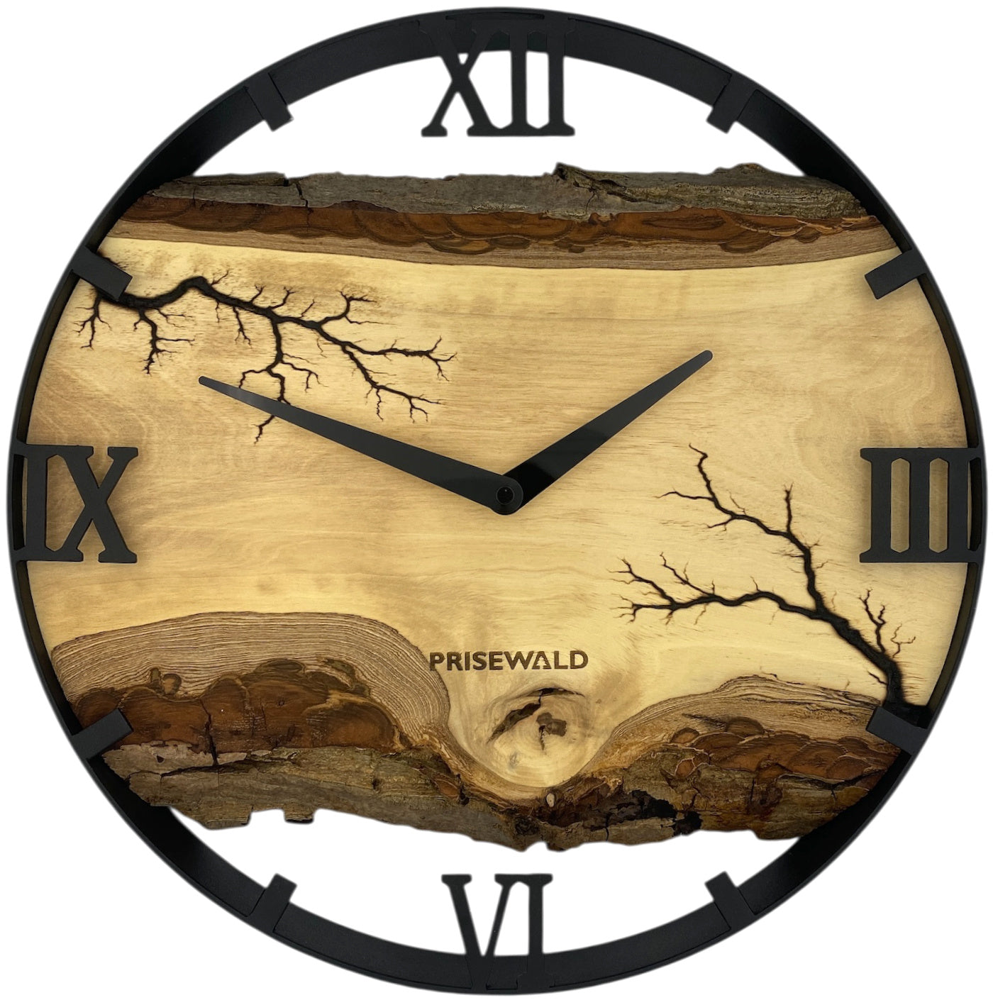 Runde Wanduhr aus Walnussholz, 35 cm, schwarzer Rahmen, römische Ziffern, Lichtenberg-Effekt - PRISEWALD