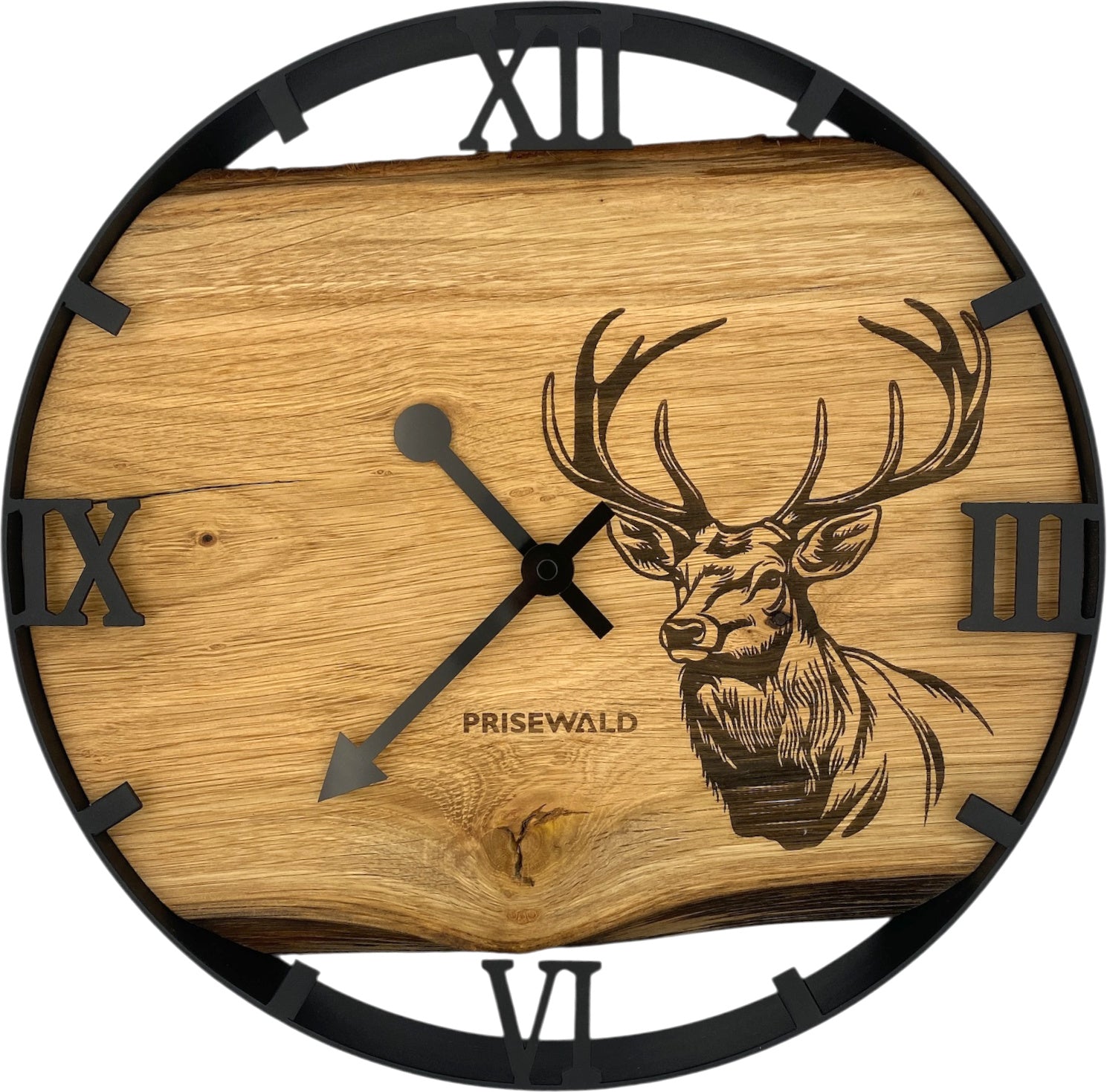 Runde Wanduhr aus Eichenholz, 35 cm, schwarzer Rahmen, römische Ziffern, Hirschkopf - PRISEWALD