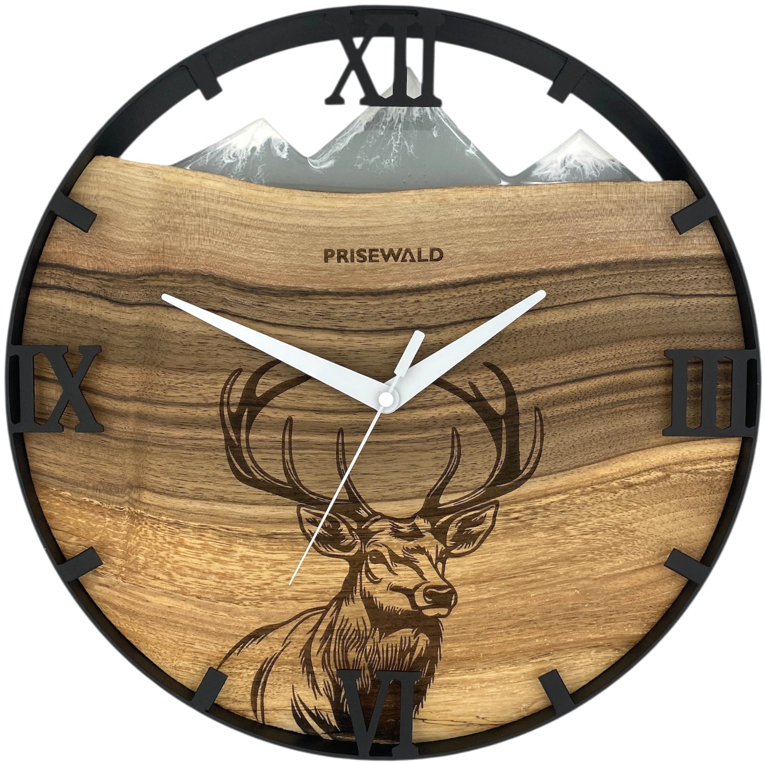 Runde Wanduhr aus Walnussholz, 35 cm, schwarzer Rahmen, römische Ziffern, Hirschkopf, Graues Epoxidharz, verschneite Berge - PRISEWALD