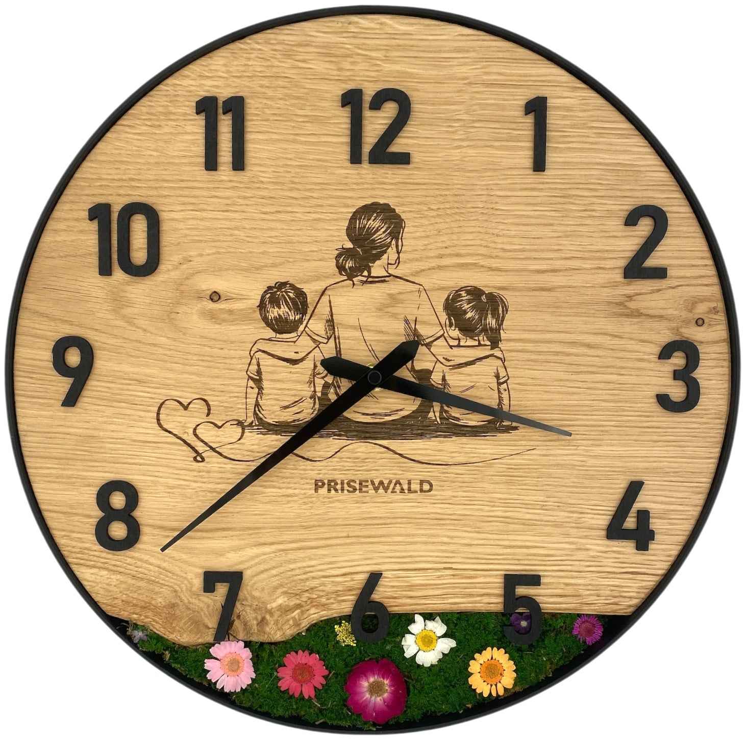 Runde Wanduhr aus Eichenholz, 35 cm, schwarzer Rahmen, arabische Ziffern, grünes Moos, Blumen, Mutter mit Kindern