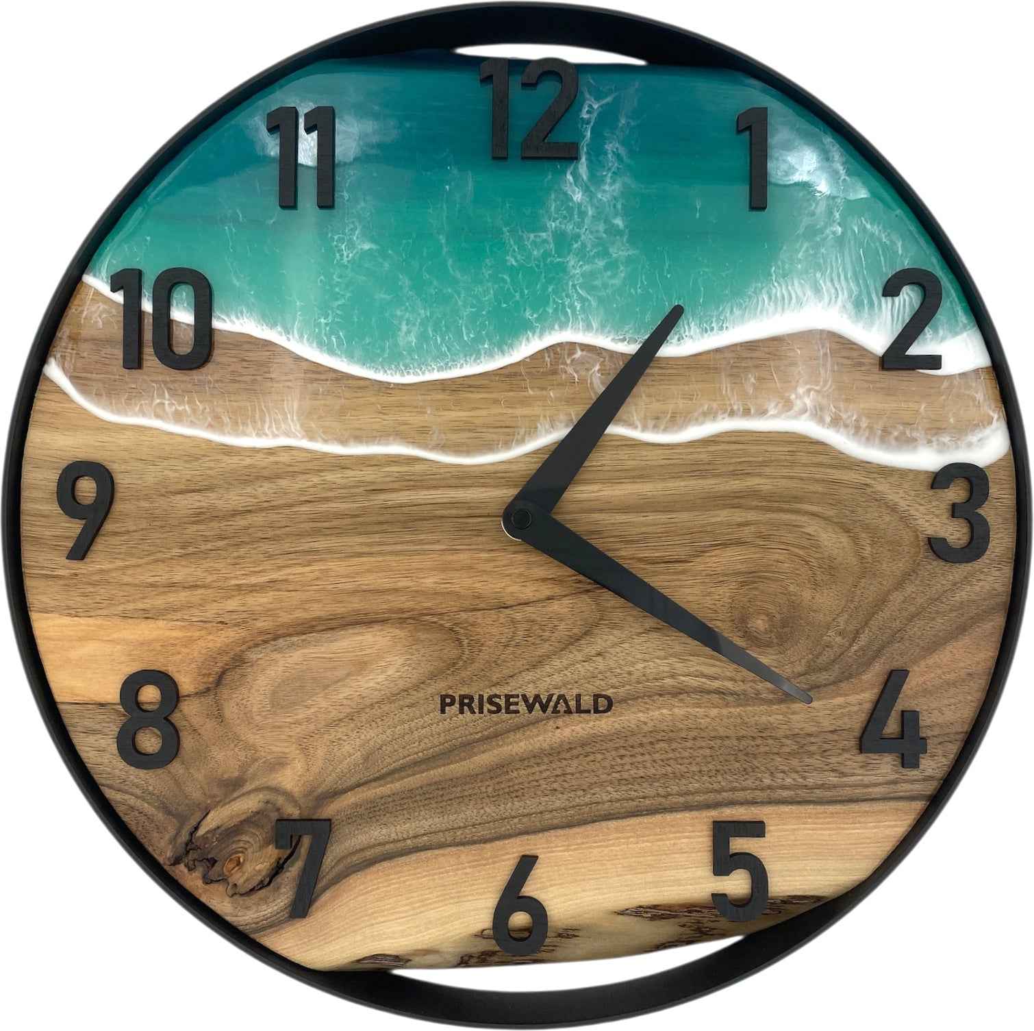 Runde Wanduhr aus Walnussholz, 35 cm, schwarzer Rahmen, arabische Ziffern, türkises Epoxidharz