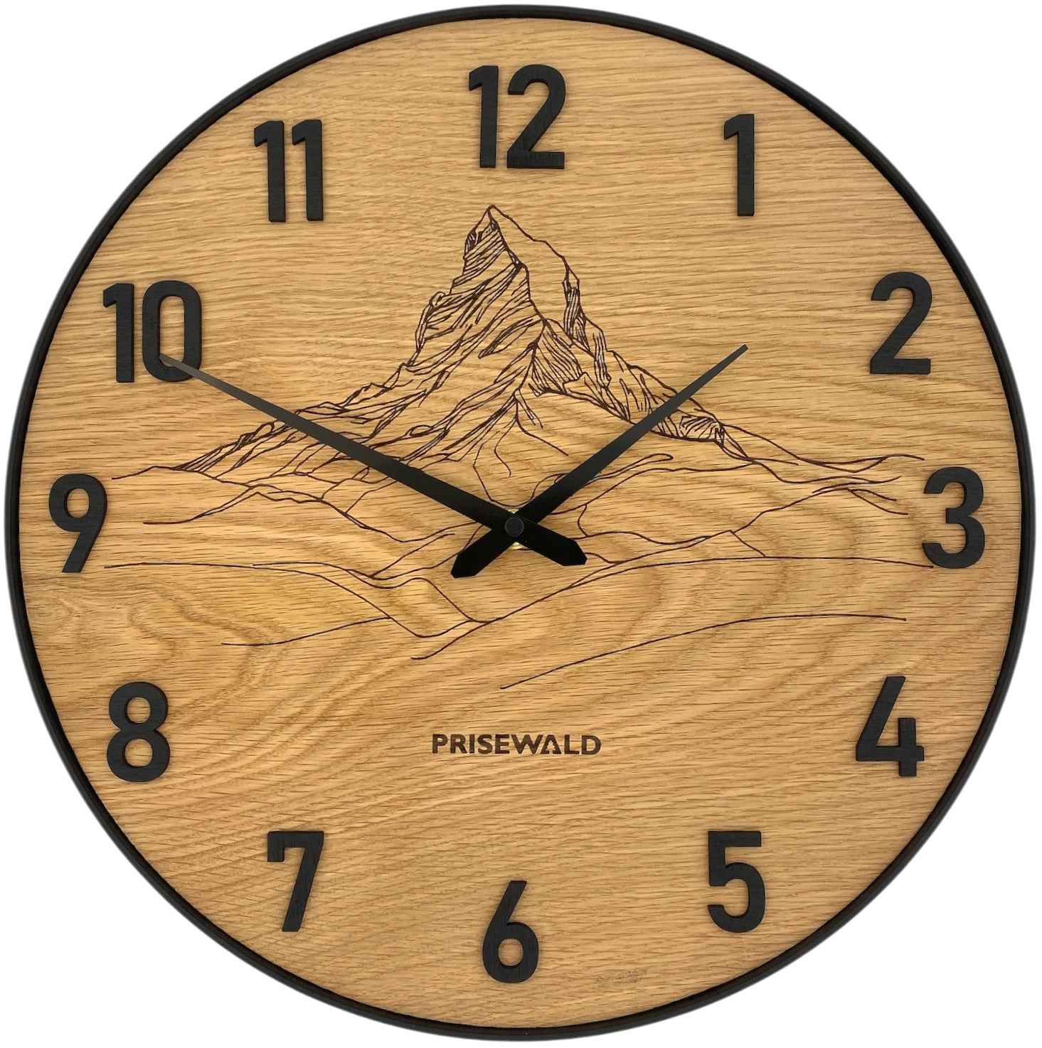 Runde Wanduhr aus Eichenholz, 35 cm, schwarzer Rahmen, arabische Ziffern, Matterhorn