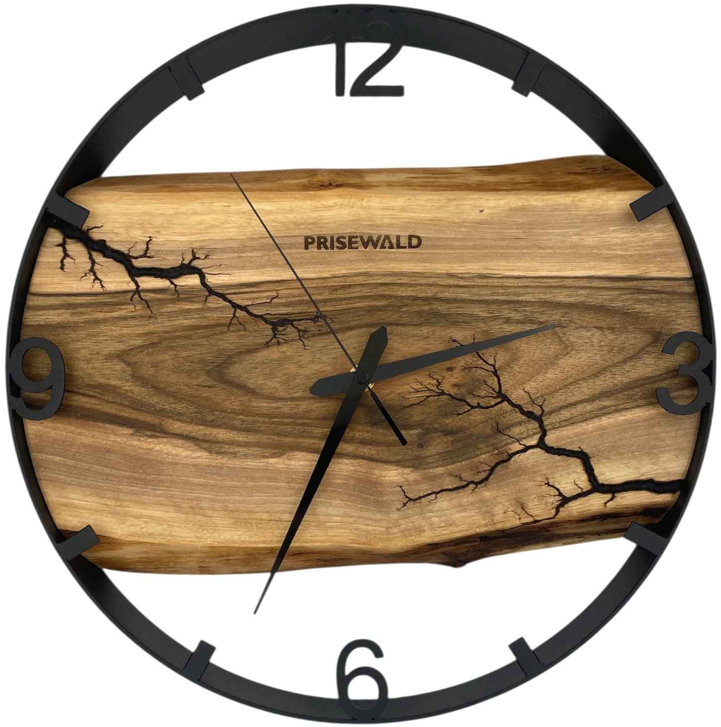 Runde Wanduhr aus Walnussholz, 35 cm, schwarzer Rahmen, arabische Ziffern, Lichtenberg-Effekt