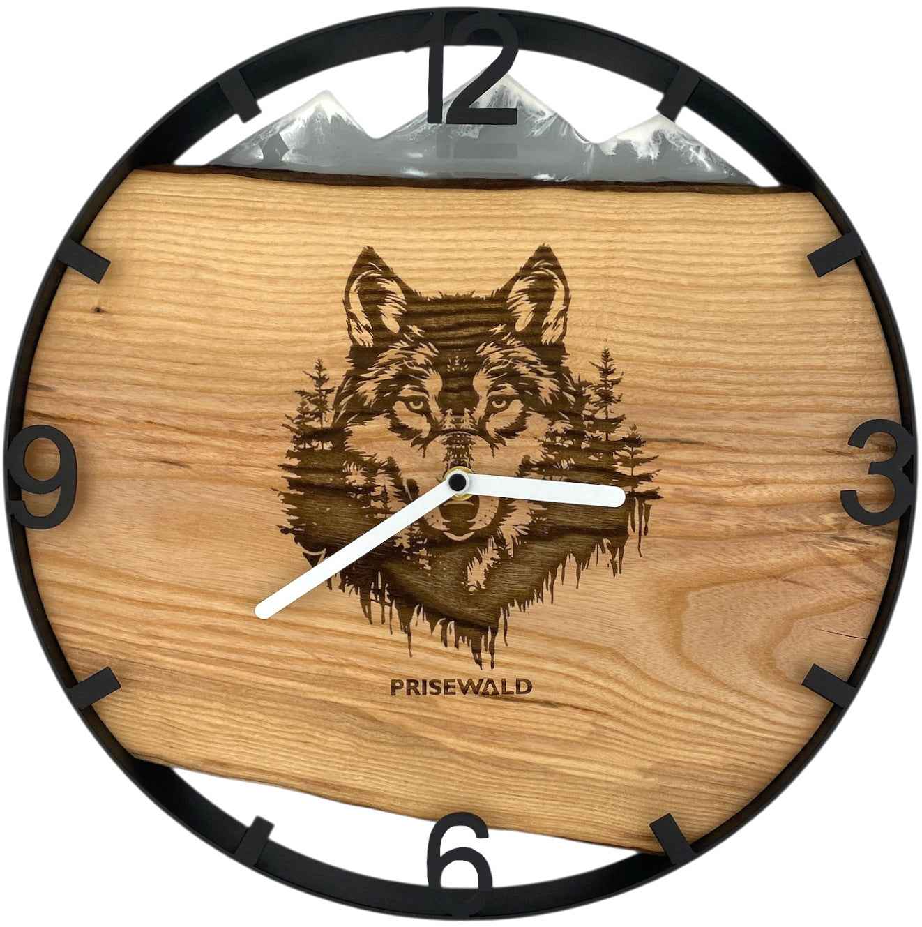 Runde Wanduhr aus Eschenholz, 35 cm, schwarzer Rahmen, arabische Ziffern, Wolf, Graues Epoxidharz, Verschneite Berge
