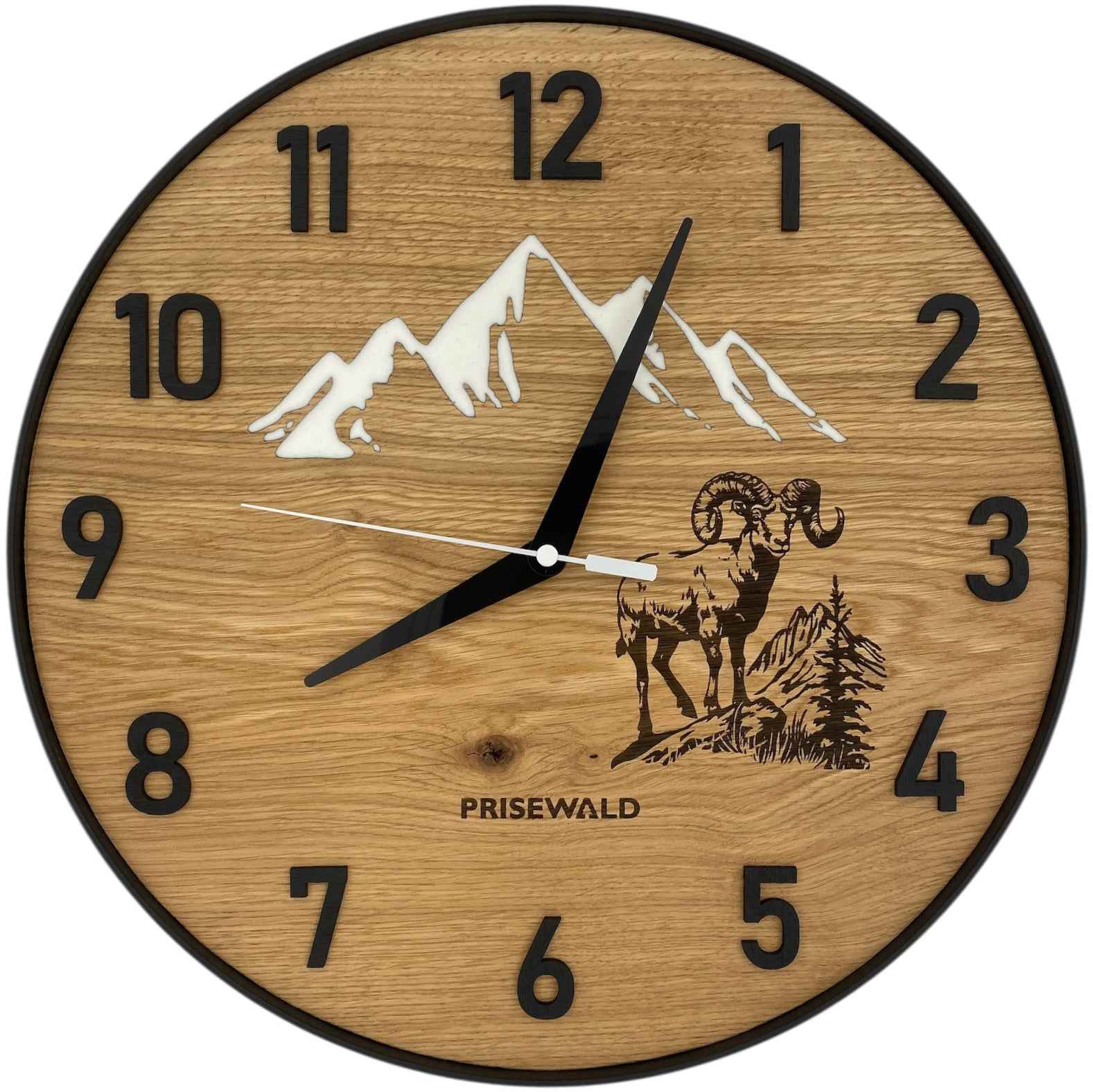 Runde Wanduhr aus Eichenholz, 35 cm, schwarzer Rahmen, arabische Ziffern, weisses Epoxidharz, schneebedeckte Berge, Widder