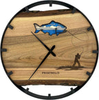 Runde Wanduhr aus Walnussholz, 35 cm, schwarzer Rahmen, Teilstriche Ziffern, Fischer mit Angelrute