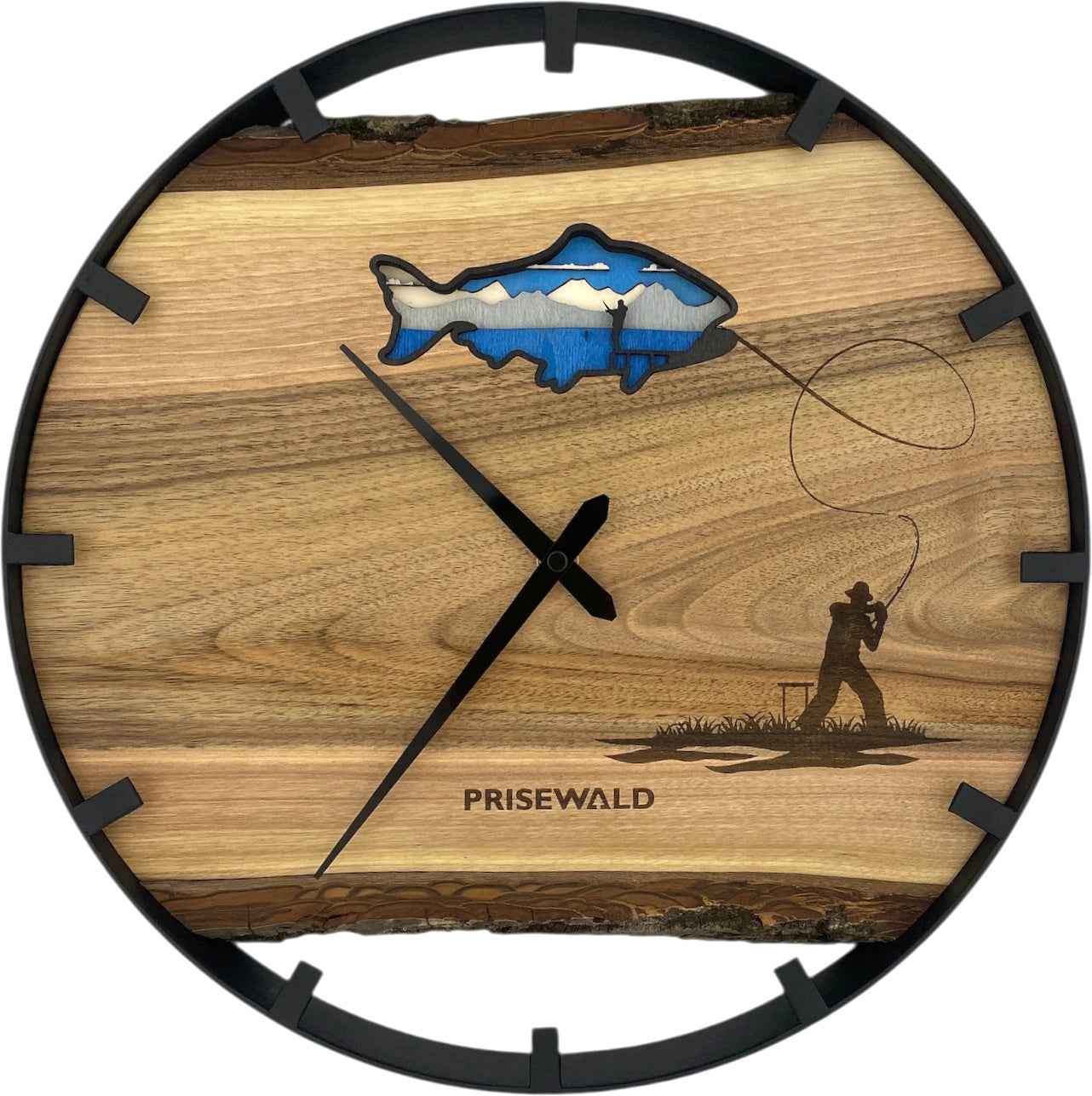 Runde Wanduhr aus Walnussholz, 35 cm, schwarzer Rahmen, Teilstriche Ziffern, Fischer mit Angelrute
