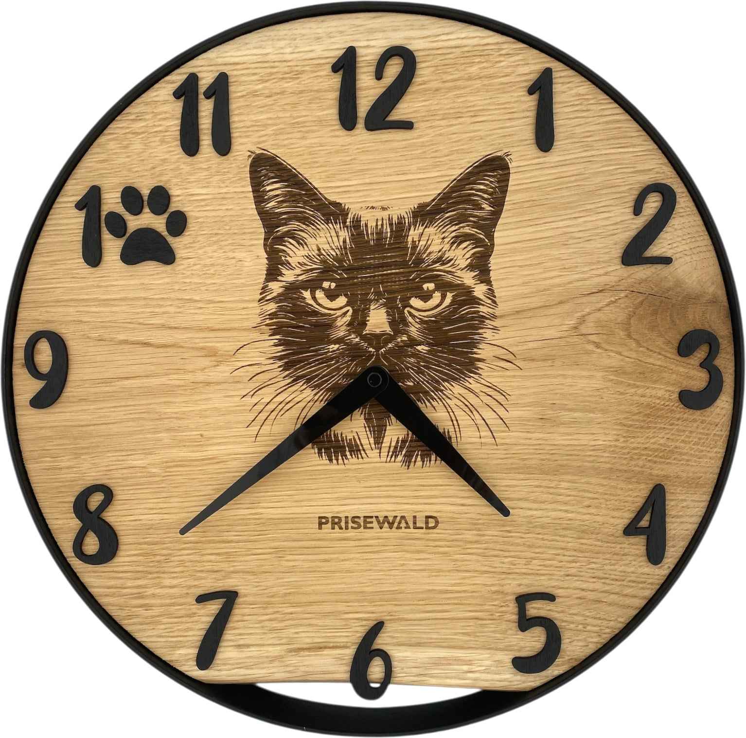 Runde Wanduhr aus Eichenholz, 35 cm, schwarzer Rahmen, arabische Ziffern, Katzenkopf