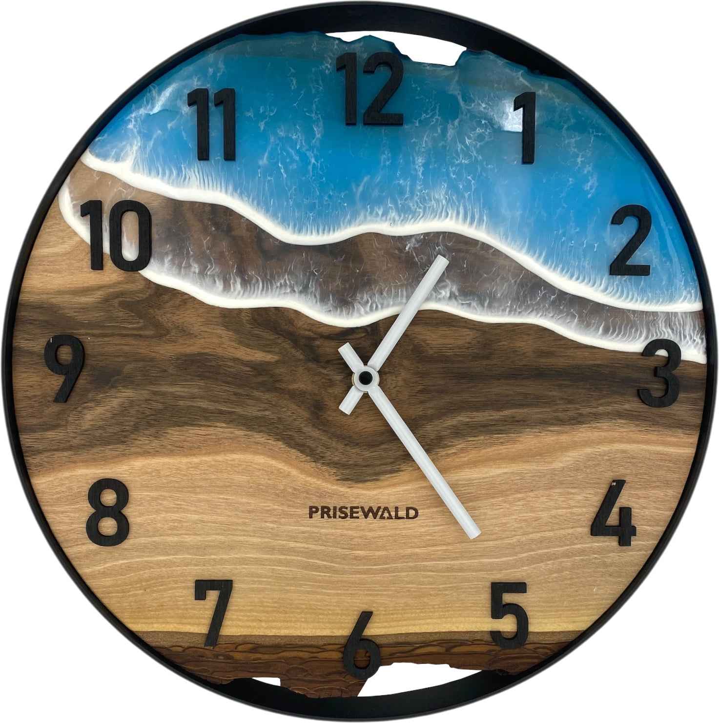 Runde Wanduhr aus Walnussholz, 35 cm, schwarzer Rahmen, arabische Ziffern, blaues Epoxidharz