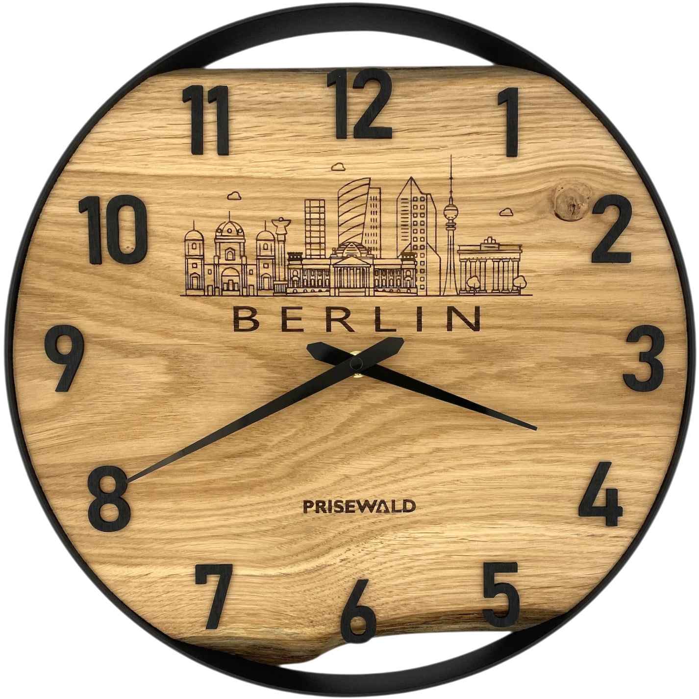 Runde Wanduhr aus Eichenholz, 35 cm, schwarzer Rahmen, arabische Ziffern, BERLIN