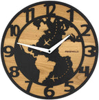 Runde Wanduhr aus Eichenholz, 35 cm, ohne Ring, arabische Ziffern, Weltkarte