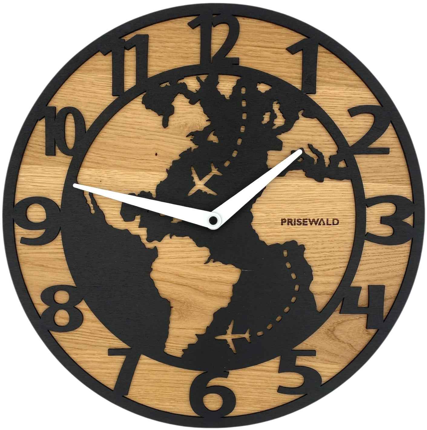 Runde Wanduhr aus Eichenholz, 35 cm, ohne Ring, arabische Ziffern, Weltkarte