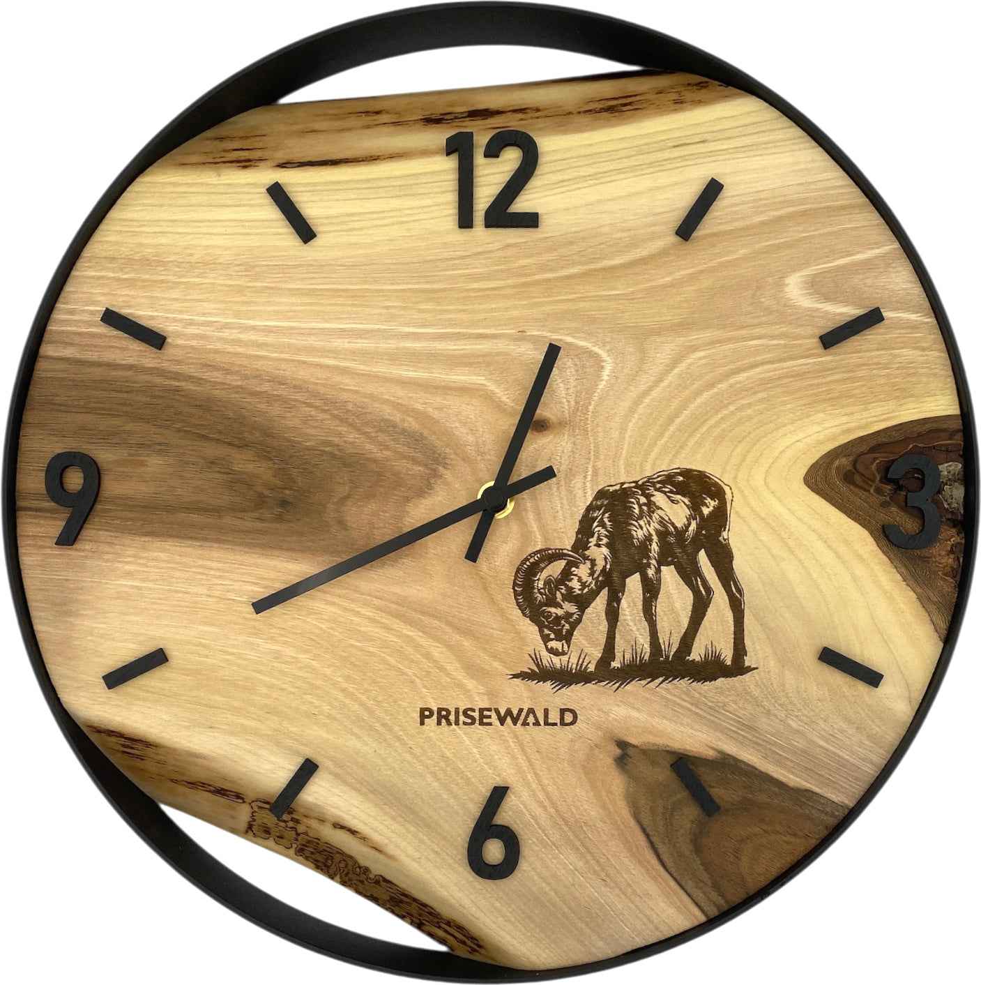 Runde Wanduhr aus Walnussholz, 35 cm, schwarzer Rahmen, arabische Ziffern, Widder