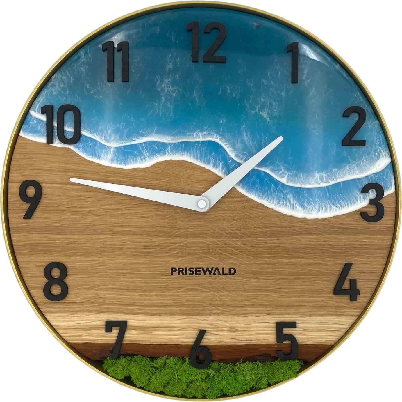 Runde Wanduhr aus Eichenholz, 35 cm, goldener Rahmen, arabische Ziffern, blaues Epoxidharz, grünes Moos