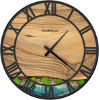 Runde Wanduhr aus Walnussholz, 35 cm, schwarzer Rahmen, römische Ziffern, türkises Epoxidharz, grünes Moos, Insel, Küste