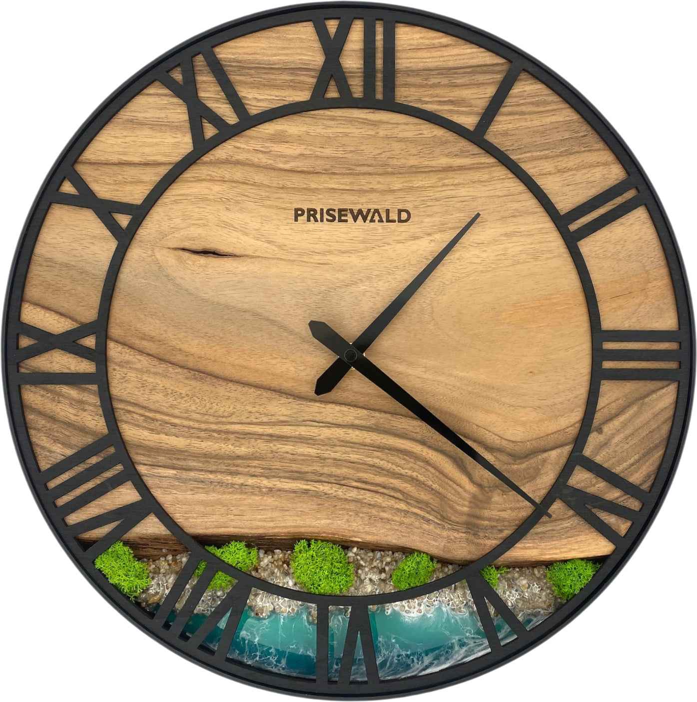 Runde Wanduhr aus Walnussholz, 35 cm, schwarzer Rahmen, römische Ziffern, türkises Epoxidharz, grünes Moos, Insel, Küste