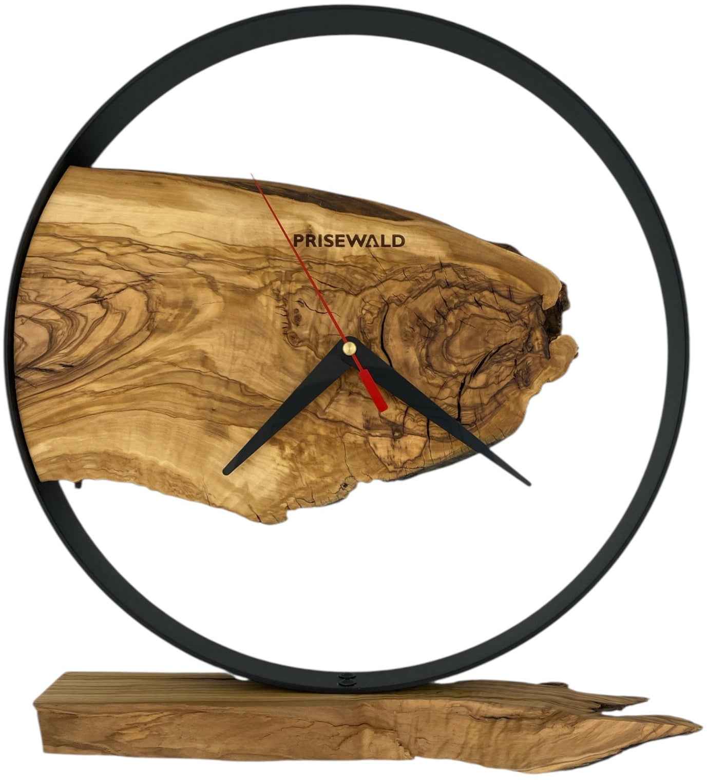 Runde Möbeluhr aus Olivenholz, 35 cm, schwarzer Rahmen, keine Ziffern