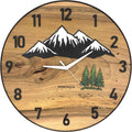 Runde Wanduhr aus Walnussholz, 50 cm, schwarzer Rahmen, arabische Ziffern, verschneite Berge und Wald