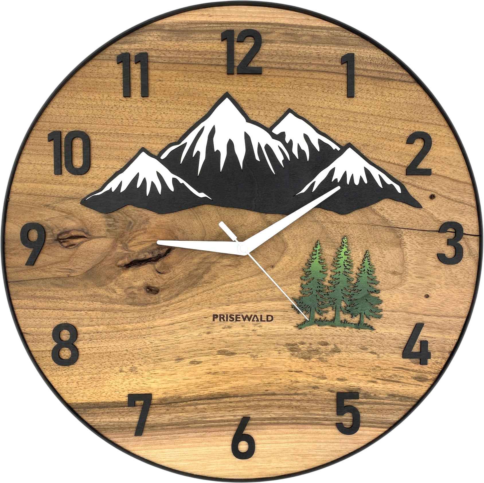 Runde Wanduhr aus Walnussholz, 50 cm, schwarzer Rahmen, arabische Ziffern, verschneite Berge und Wald