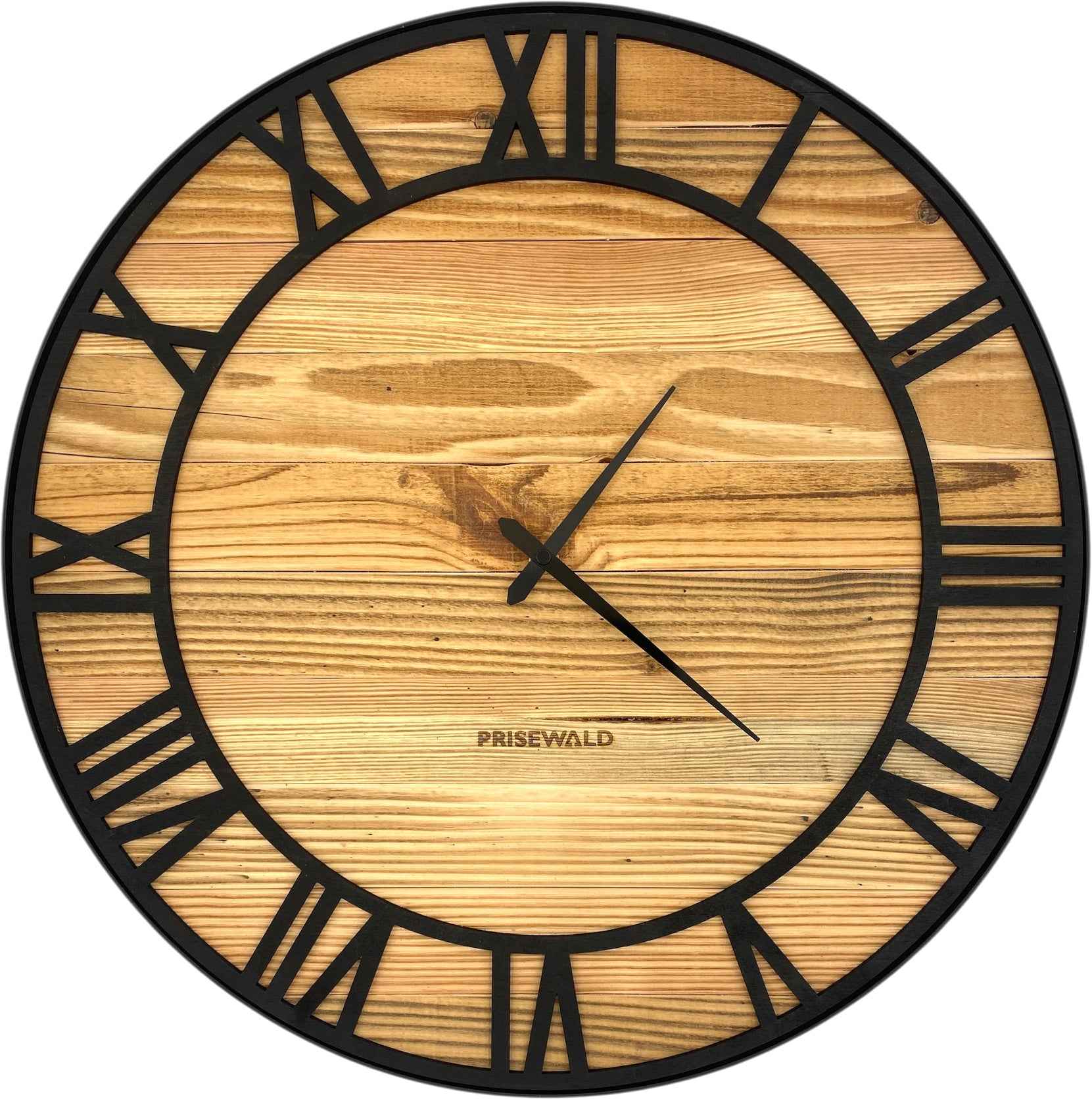 Runde Wanduhr aus altem Holz, 50 cm, schwarzer Rahmen, römische Ziffern