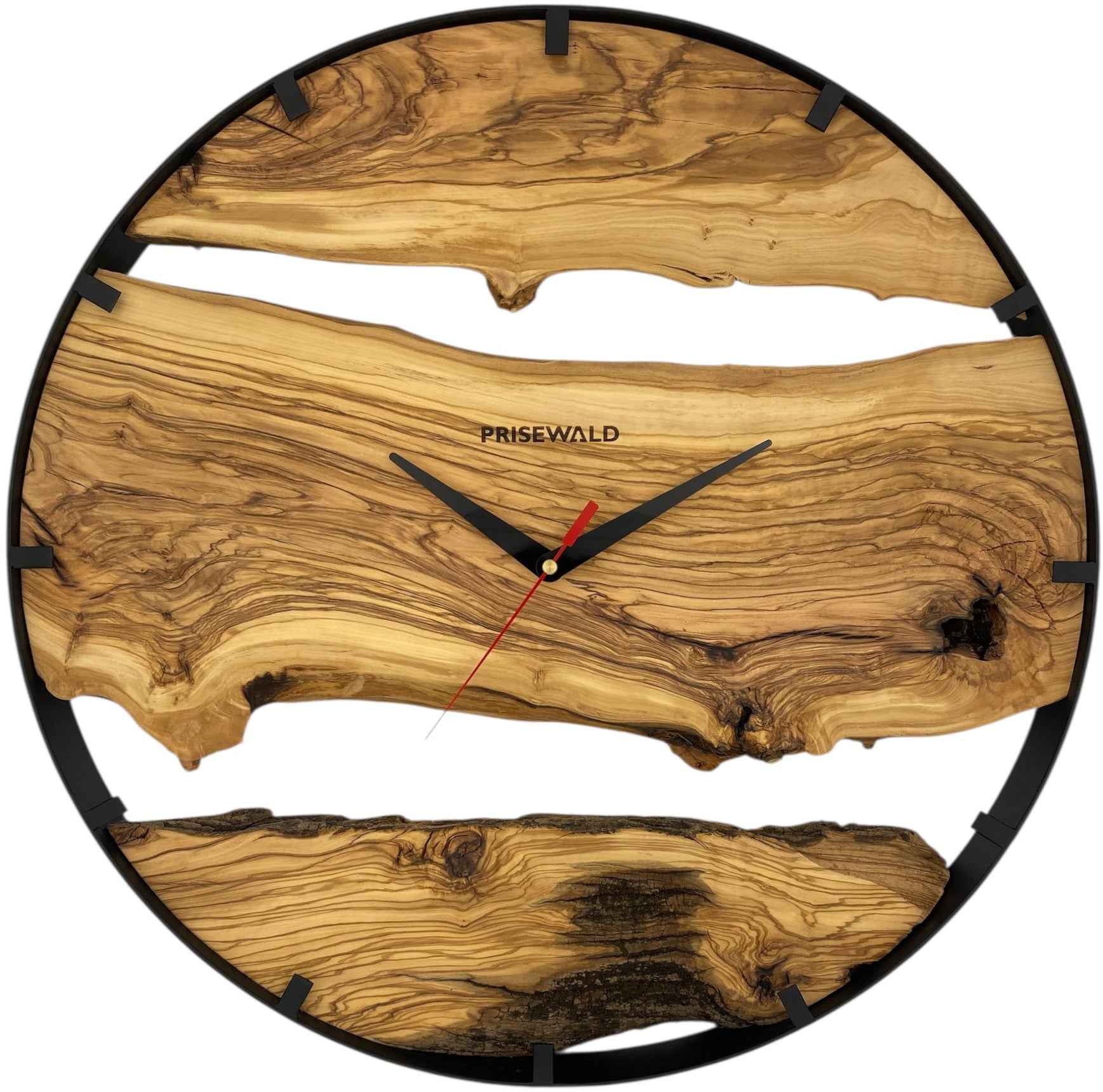 Runde Wanduhr aus Olivenholz, 50 cm, schwarzer Rahmen, Teilstriche Ziffern