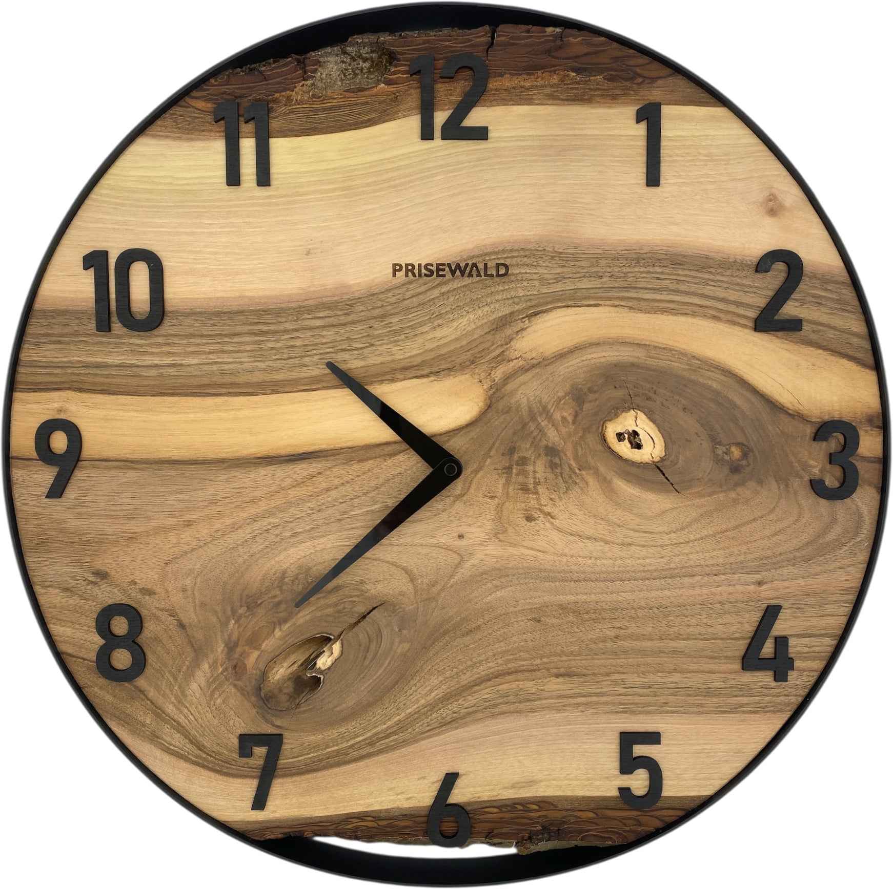 Runde Wanduhr aus Walnussholz, 50 cm, schwarzer Rahmen, arabische Ziffern