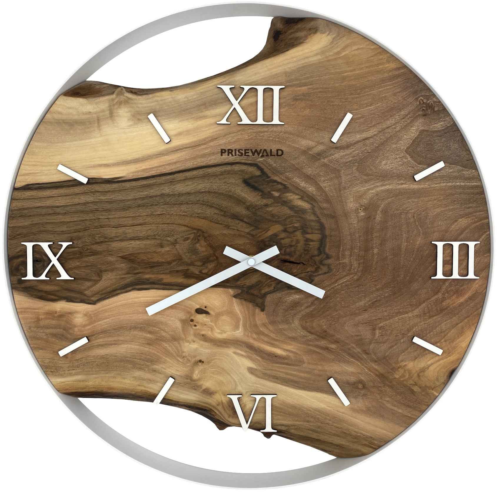 Runde Wanduhr aus Walnussholz, 50 cm, weisser Rahmen, römische Ziffern