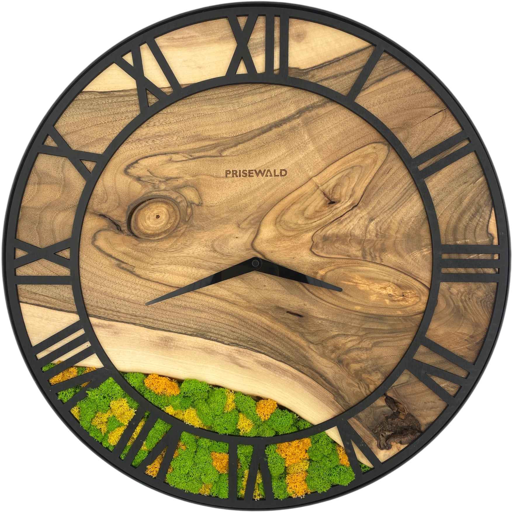 Runde Wanduhr aus Walnussholz, 50 cm, schwarzer Rahmen, römische Ziffern, orangefarbenes und grünes Moos