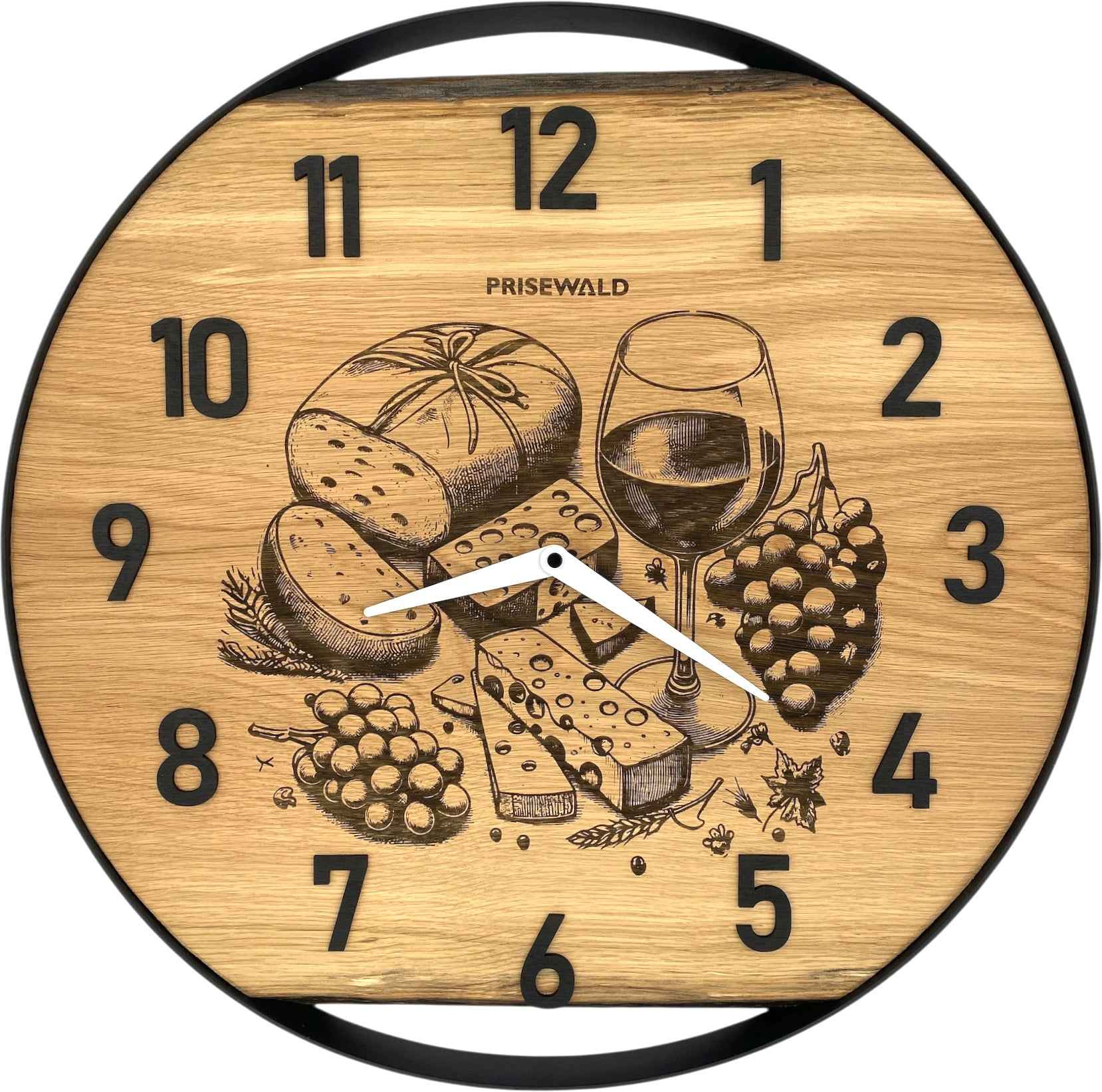Runde Wanduhr aus Eichenholz, 50 cm, schwarzer Rahmen, arabische Ziffern, Käseplatte und Wein