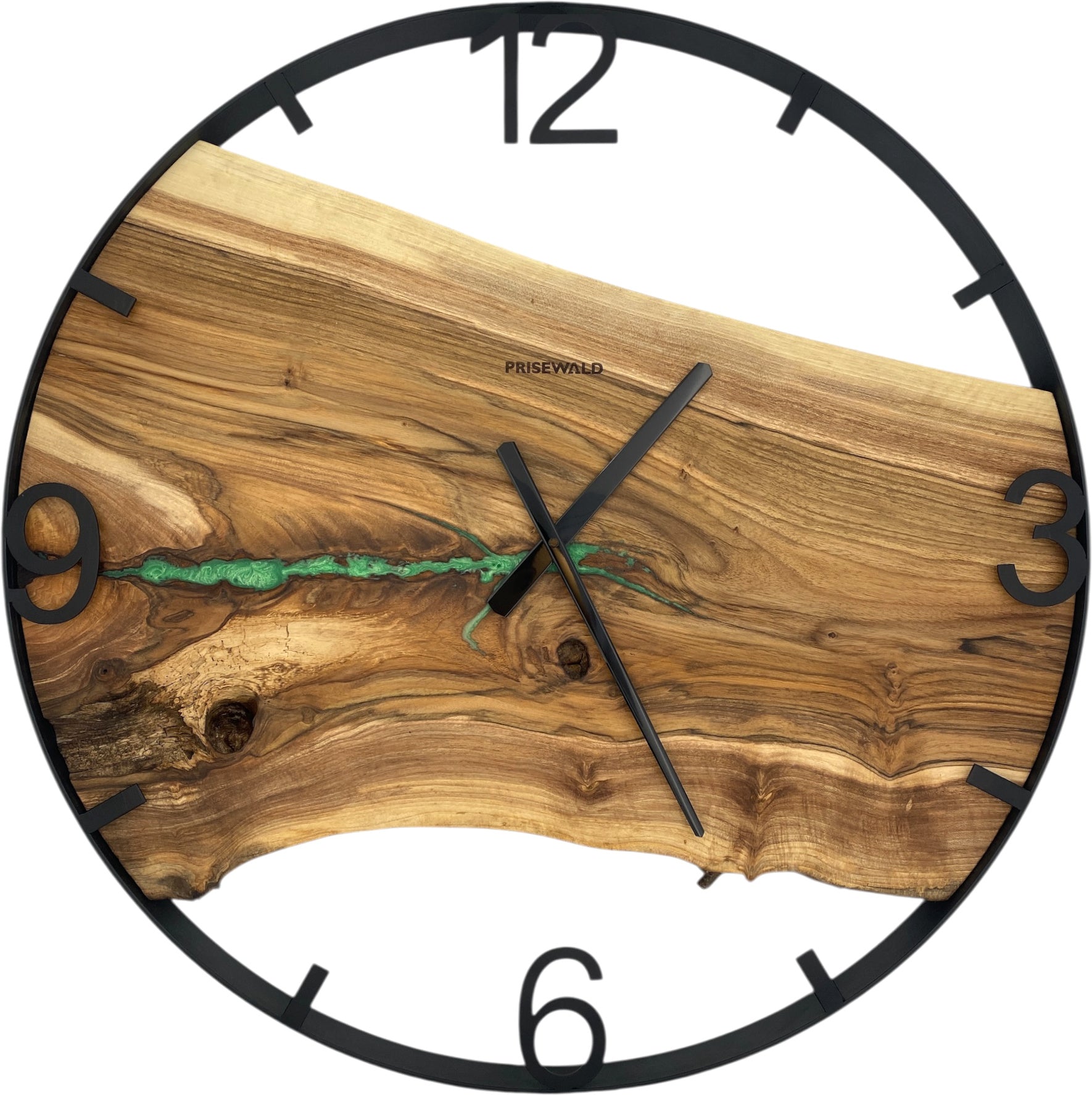 Runde Wanduhr aus Walnussholz, 70 cm, schwarzer Rahmen, arabische Ziffern, grünes Epoxidharz - PRISEWALD