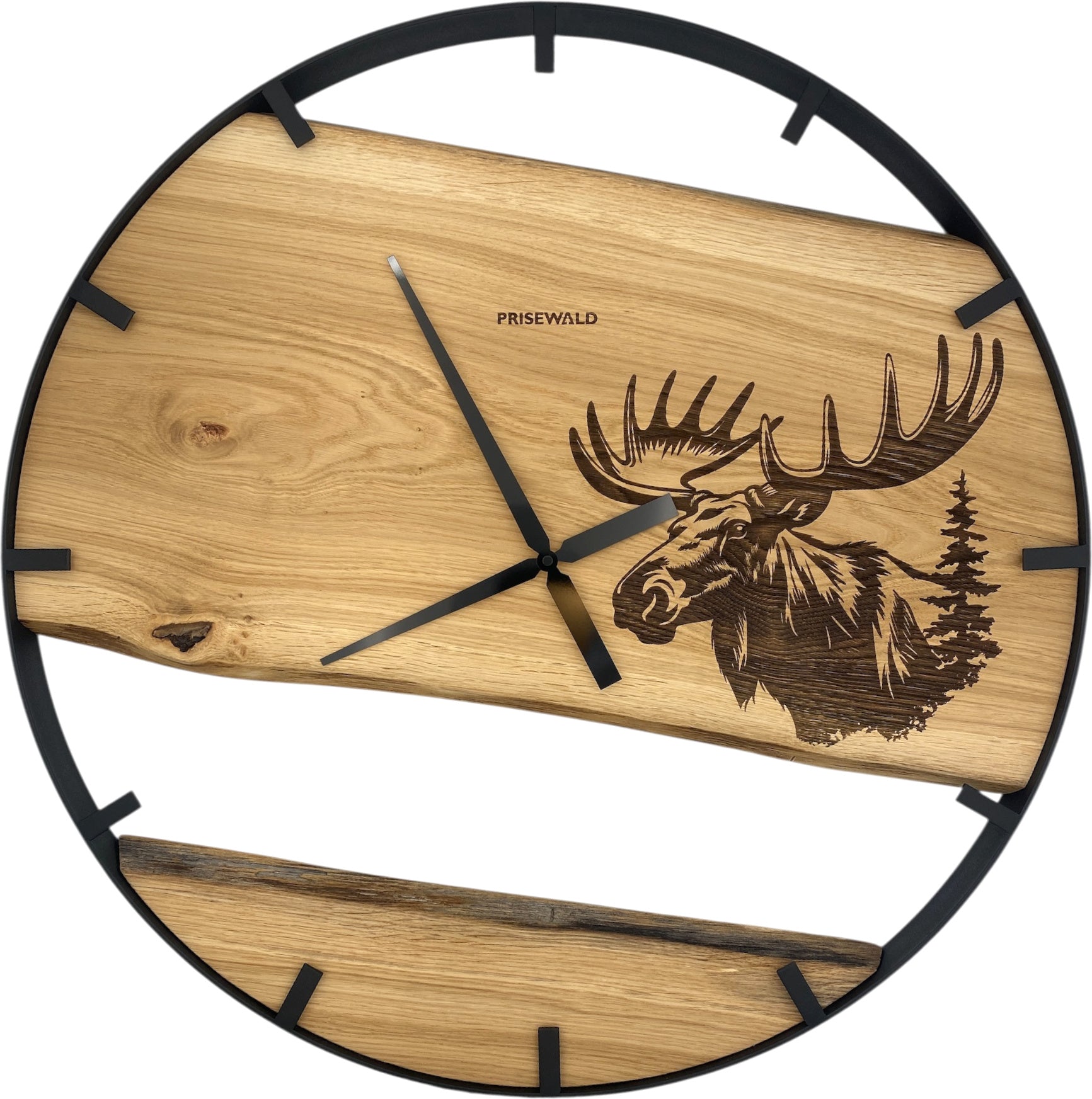 Runde Wanduhr aus Eichenholz, 70 cm, schwarzer Rahmen, Teilstriche Ziffern, Elchkopf - PRISEWALD