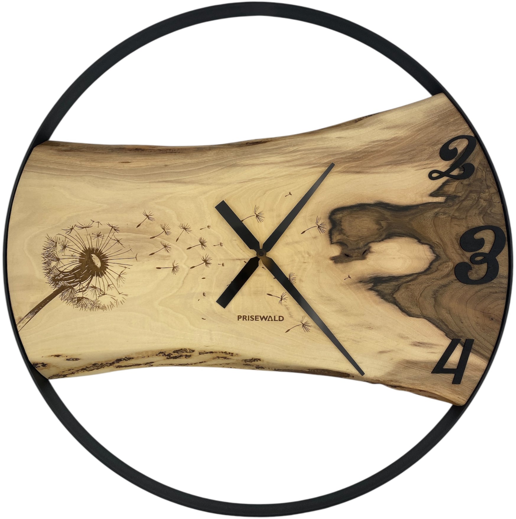 Runde Wanduhr aus Walnussholz, 70 cm, schwarzer Rahmen, arabische Ziffern, Löwenzahn - PRISEWALD