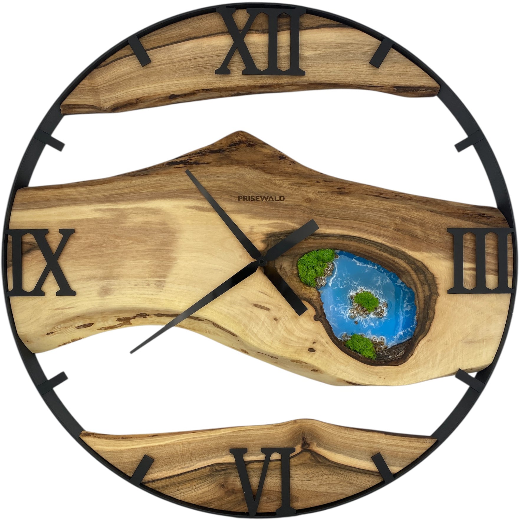 Runde Wanduhr aus Walnussholz, 70 cm, schwarzer Rahmen, römische Ziffern, blaues Epoxidharz, grünes Moos, Steine am Strand, Insel - PRISEWALD