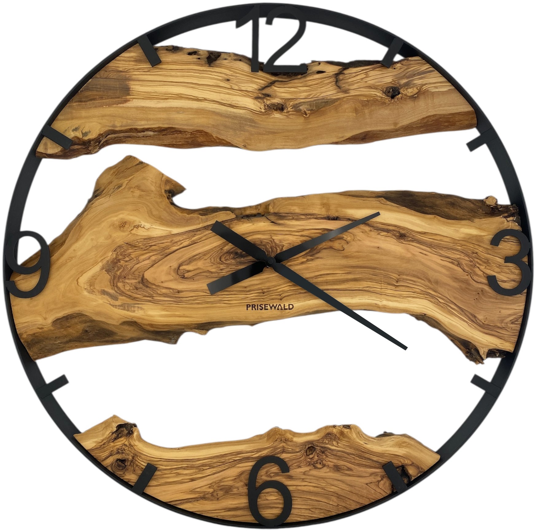 Runde Wanduhr aus Olivenholz, 70 cm, schwarzer Rahmen, arabische Ziffern