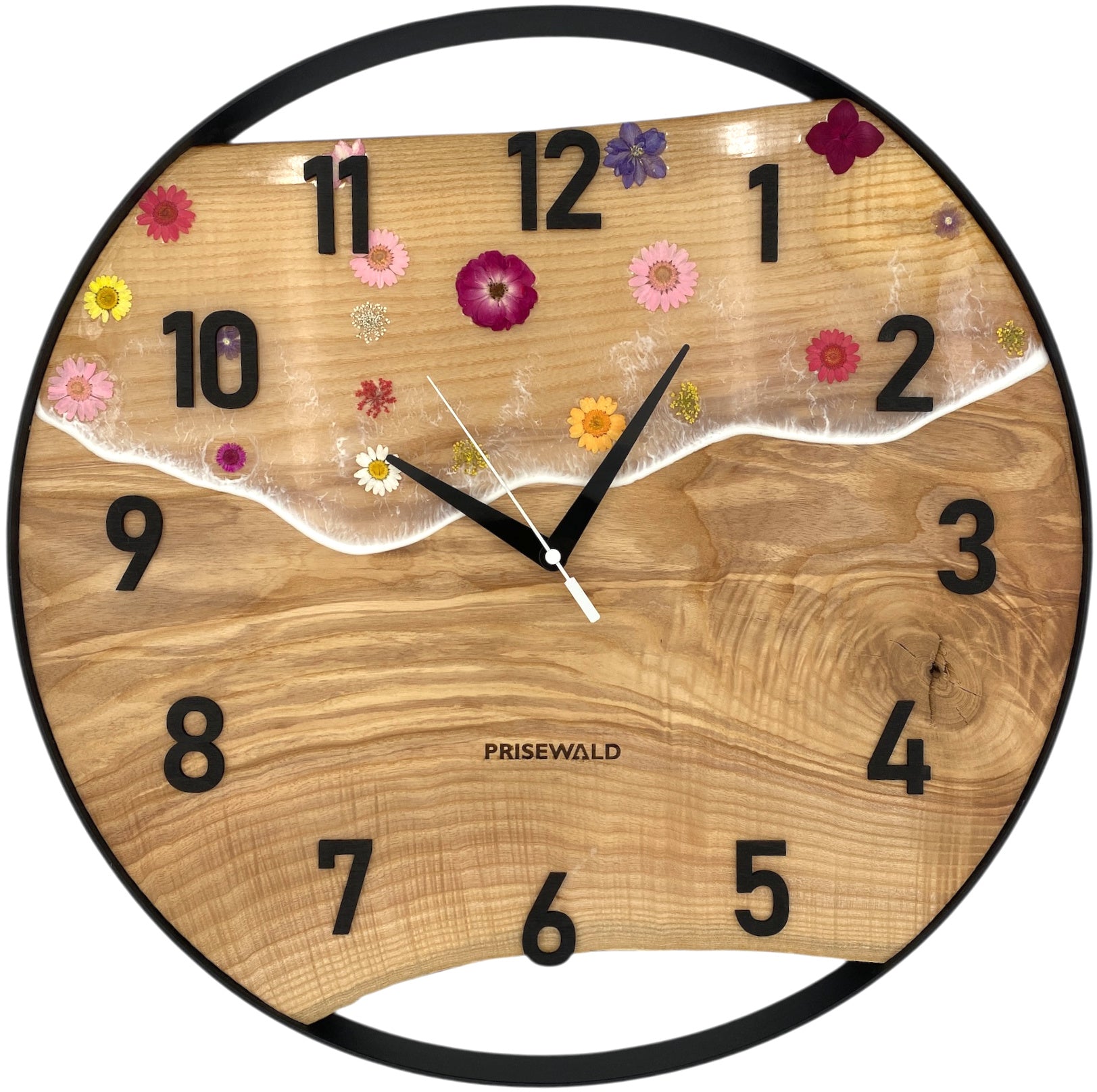 Runde Wanduhr aus Eschenholz, 50 cm, schwarzer Rahmen, arabische Ziffern, Durchsichtiges Epoxidharz, Blumen - PRISEWALD