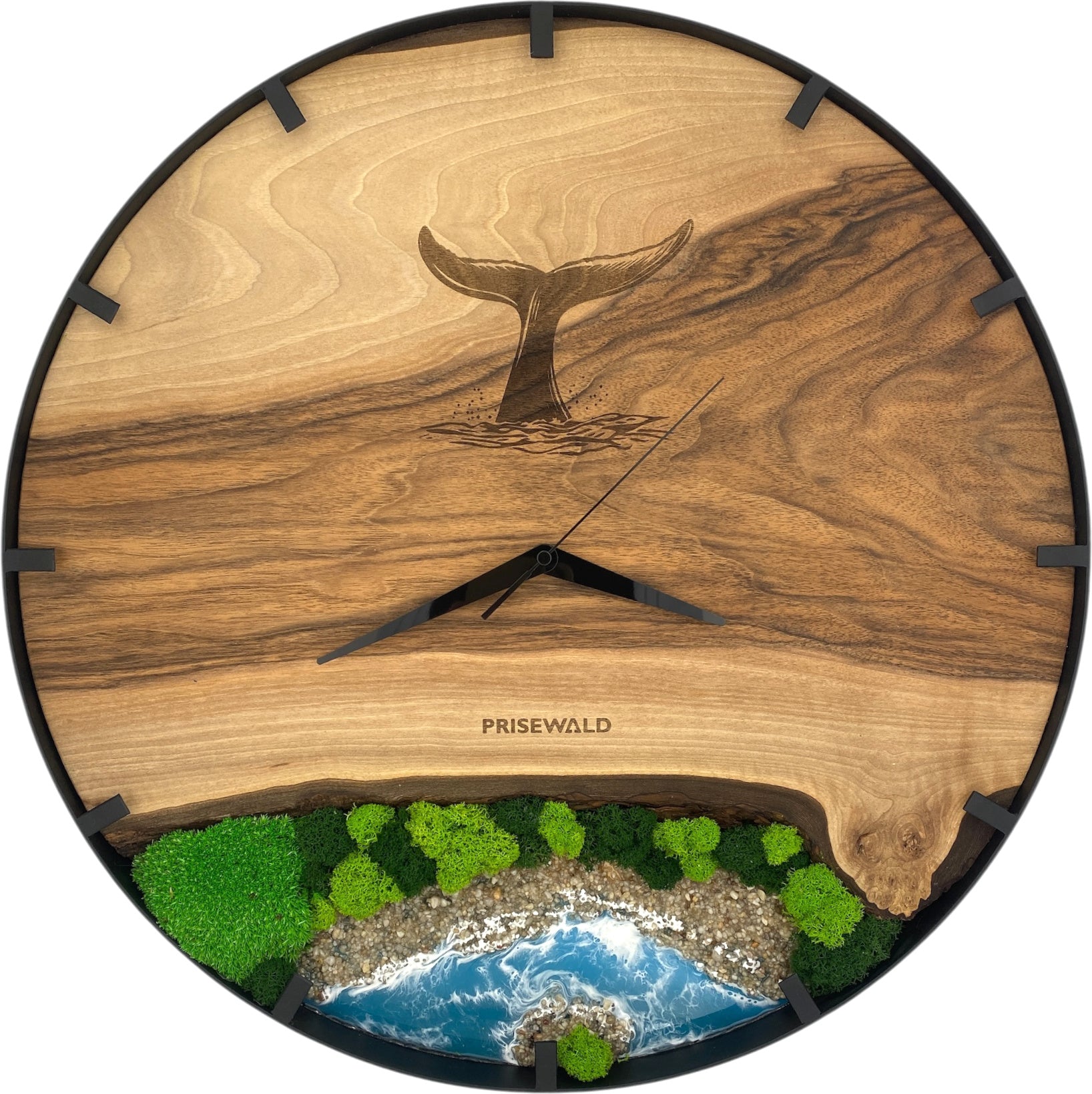 Runde Wanduhr aus Walnussholz, 50 cm, schwarzer Rahmen, Teilstriche Ziffern, blaues Epoxidharz, grünes Moos, Insel, Fischschwanz - PRISEWALD