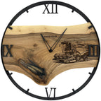 Runde Wanduhr aus Walnussholz, 50 cm, schwarzer Rahmen, römische Ziffern, Mähdrescher CLAAS, Weizenähre - PRISEWALD