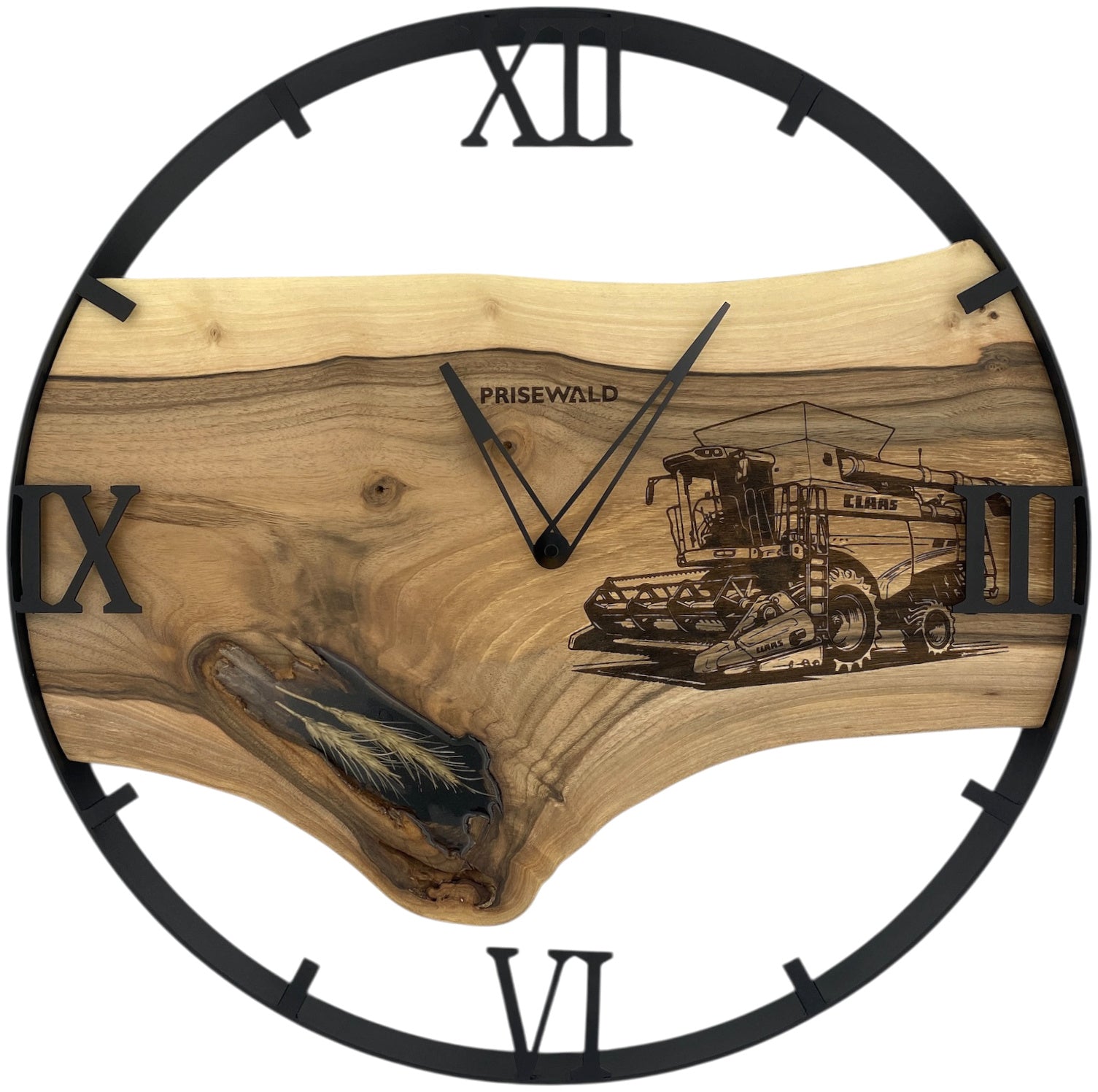 Runde Wanduhr aus Walnussholz, 50 cm, schwarzer Rahmen, römische Ziffern, Mähdrescher CLAAS, Weizenähre - PRISEWALD