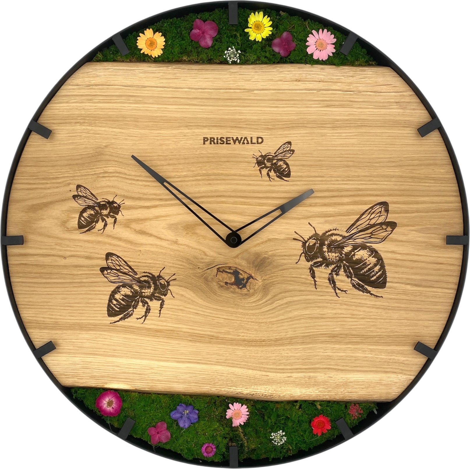 Runde Wanduhr aus Eichenholz, 50 cm, schwarzer Rahmen, Teilstriche Ziffern, Blumen, Bienen - PRISEWALD