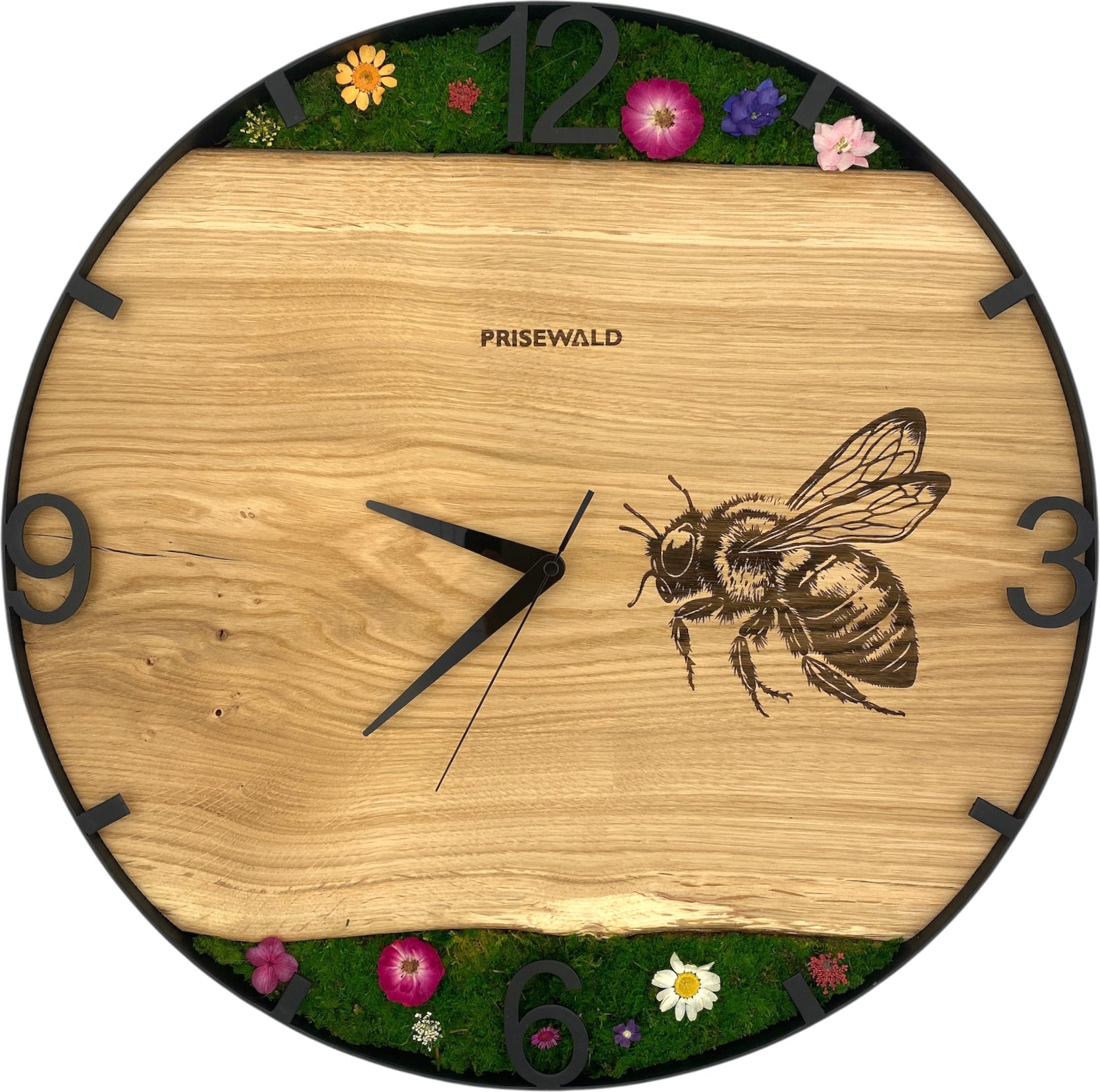 Runde Wanduhr aus Eichenholz, 50 cm, schwarzer Rahmen, arabische Ziffern, Blumen, Biene - PRISEWALD