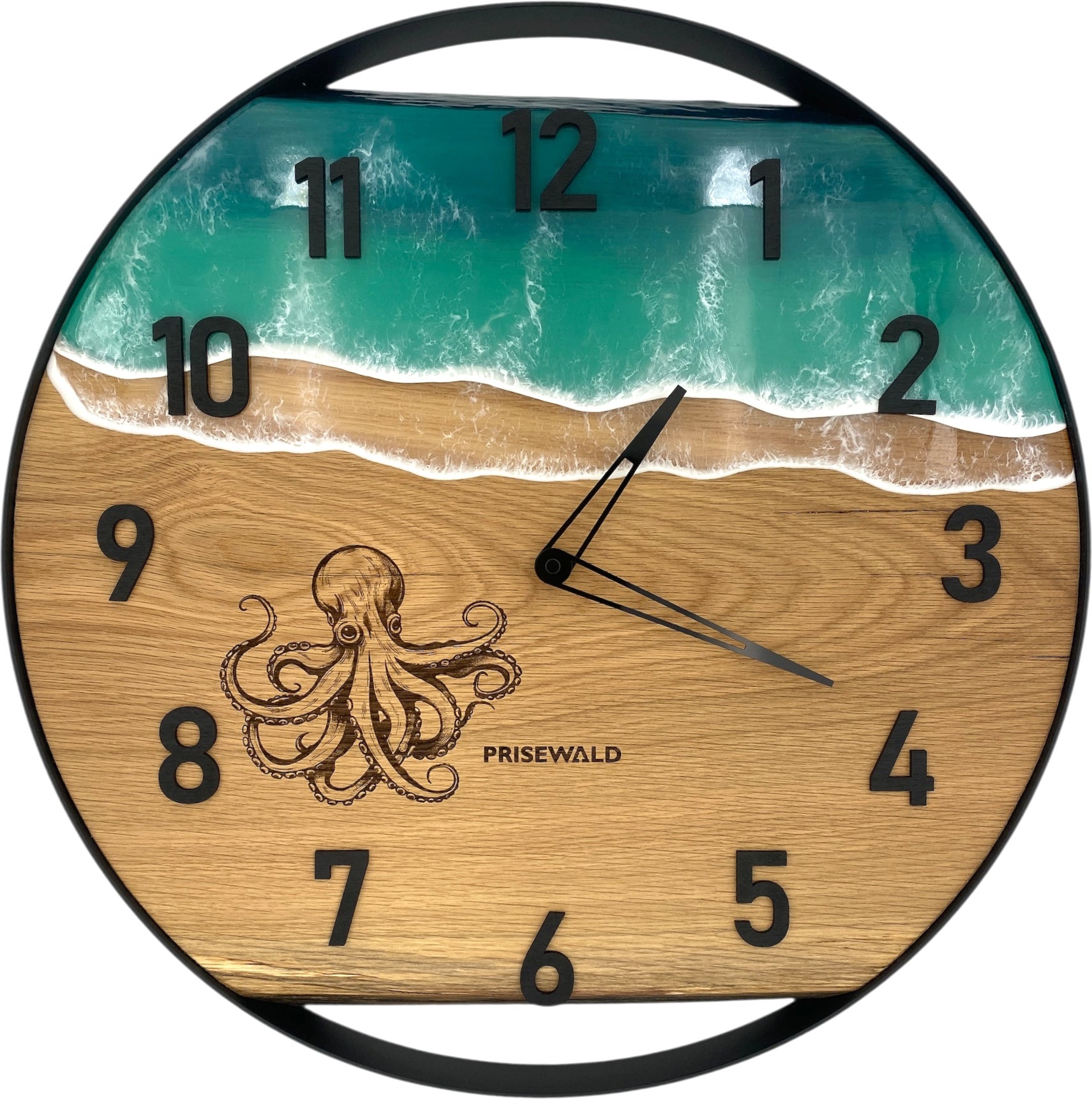Runde Wanduhr aus Eichenholz, 50 cm, schwarzer Rahmen, schwarze arabische Ziffern, türkises Epoxidharz, Oktopus - PRISEWALD