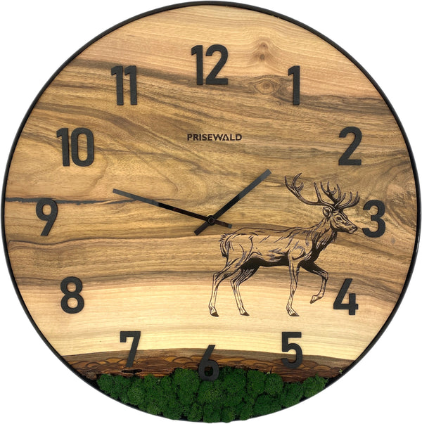 Runde Wanduhr aus Walnussholz, 50 cm, schwarzer Rahmen, arabische Ziffern, grünes Moos, Hirsch