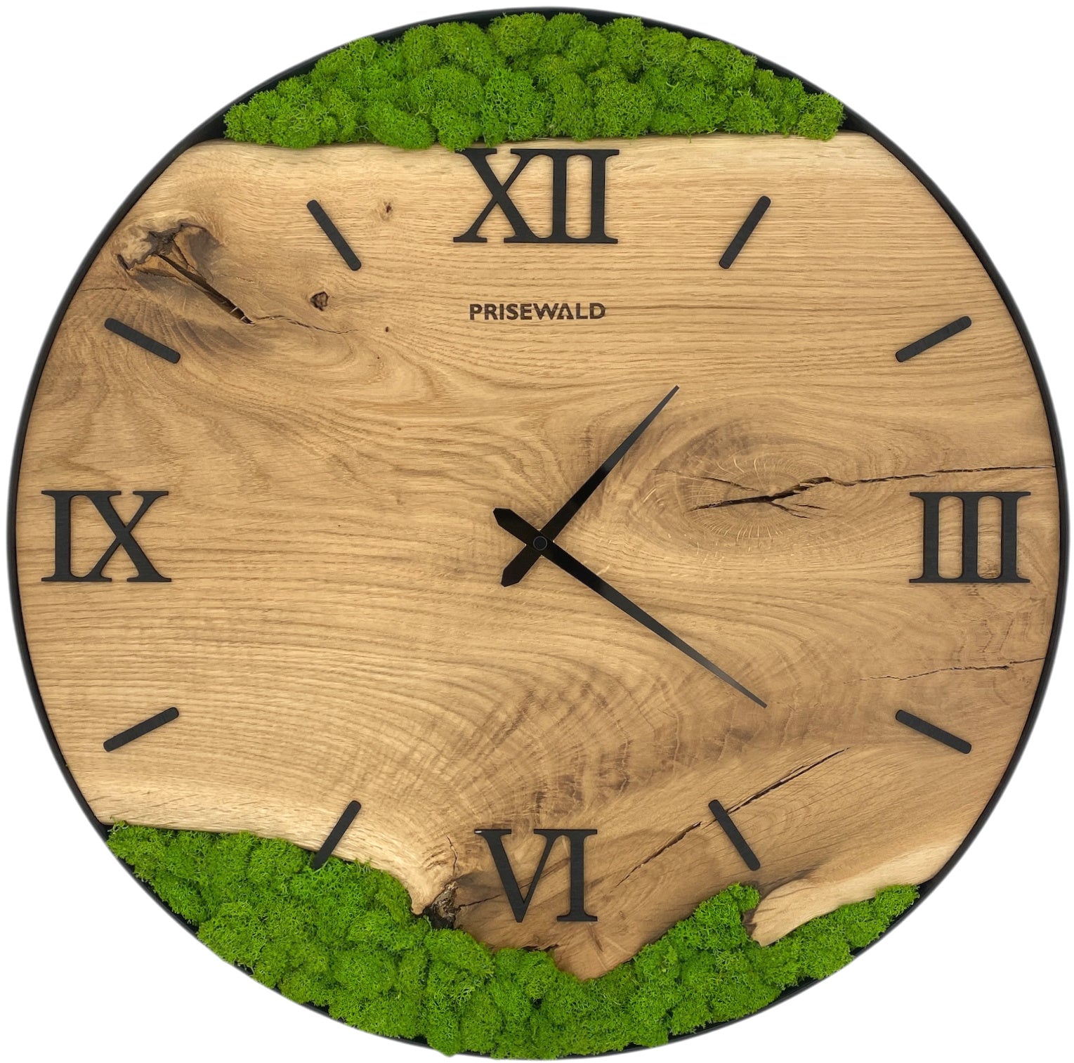 Runde Wanduhr aus Eichenholz, 50 cm, schwarzer Rahmen, römische Ziffern, grünes Moos - PRISEWALD