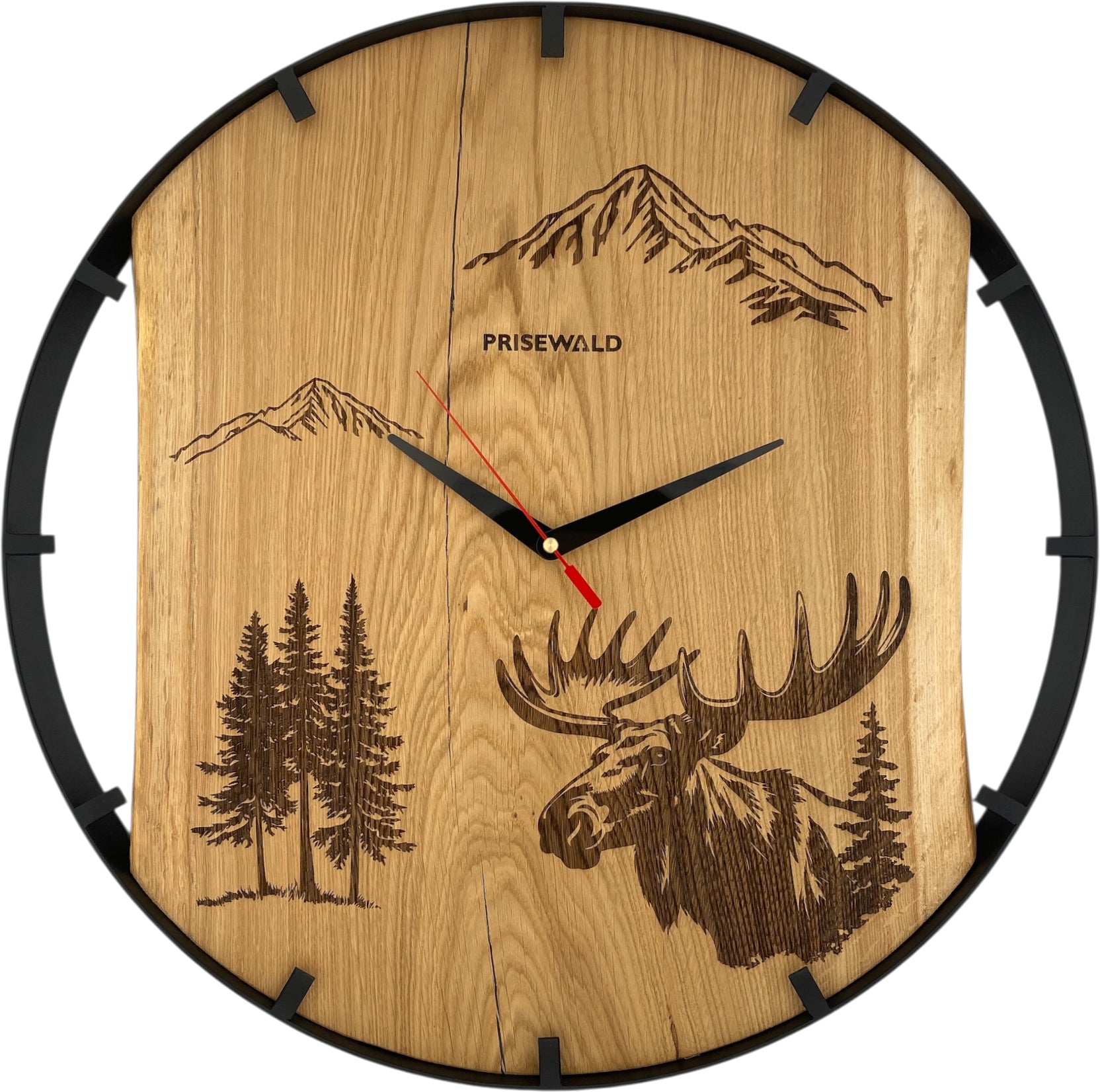 Runde Wanduhr aus Eichenholz, 50 cm, schwarzer Rahmen, Teilstriche Ziffern, Elchkopf, Berge und Tannenbäume - PRISEWALD