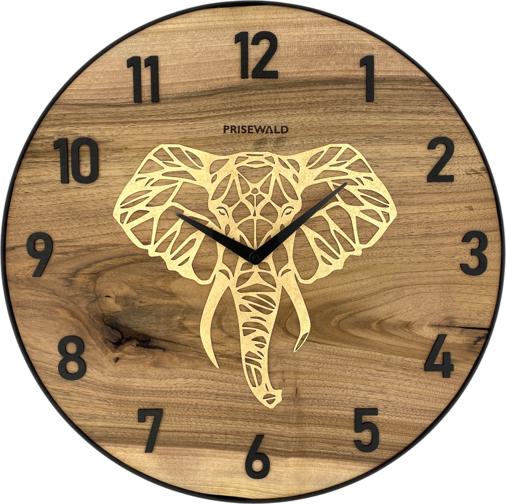 Runde Wanduhr aus Walnussholz, 50 cm, schwarzer Rahmen, arabische Ziffern, Goldener Elefantenkopf - PRISEWALD