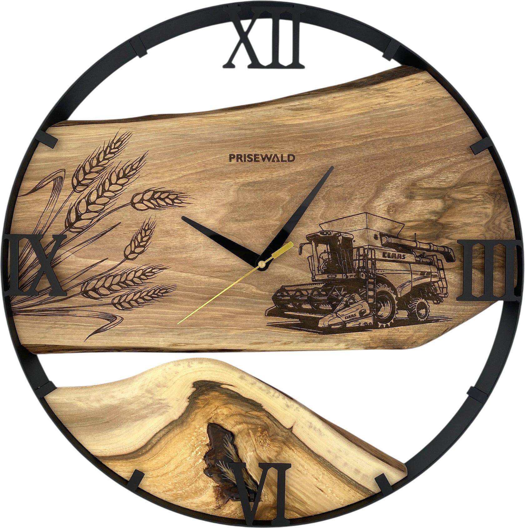 Runde Wanduhr aus Walnussholz, 50 cm, schwarzer Rahmen, römische Ziffern, Mähdrescher und Getreideähren, CLAAS - PRISEWALD