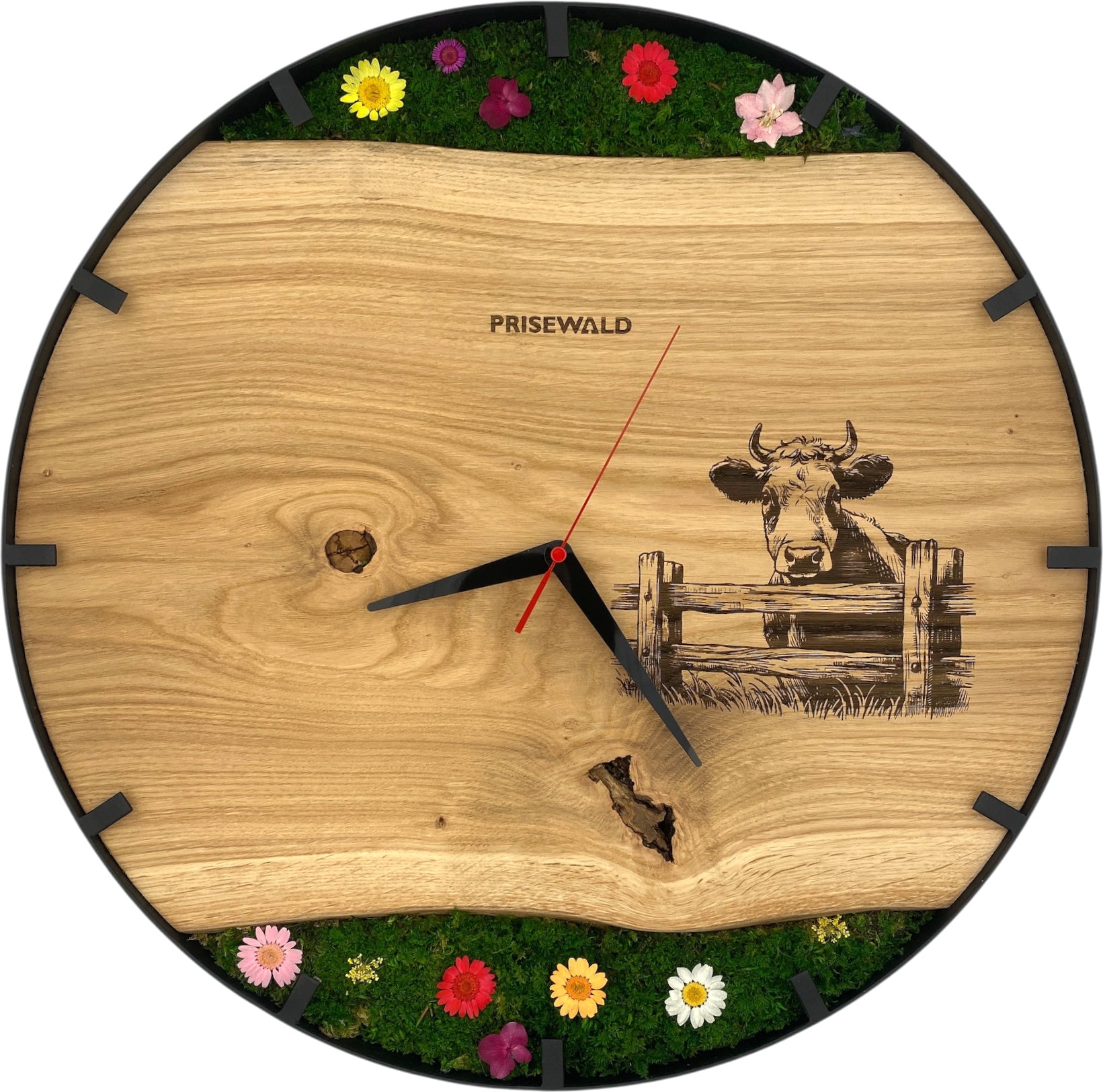 Runde Wanduhr aus Eichenholz, 50 cm, schwarzer Rahmen, Teilstriche Ziffern, Blumen, Kuh - PRISEWALD
