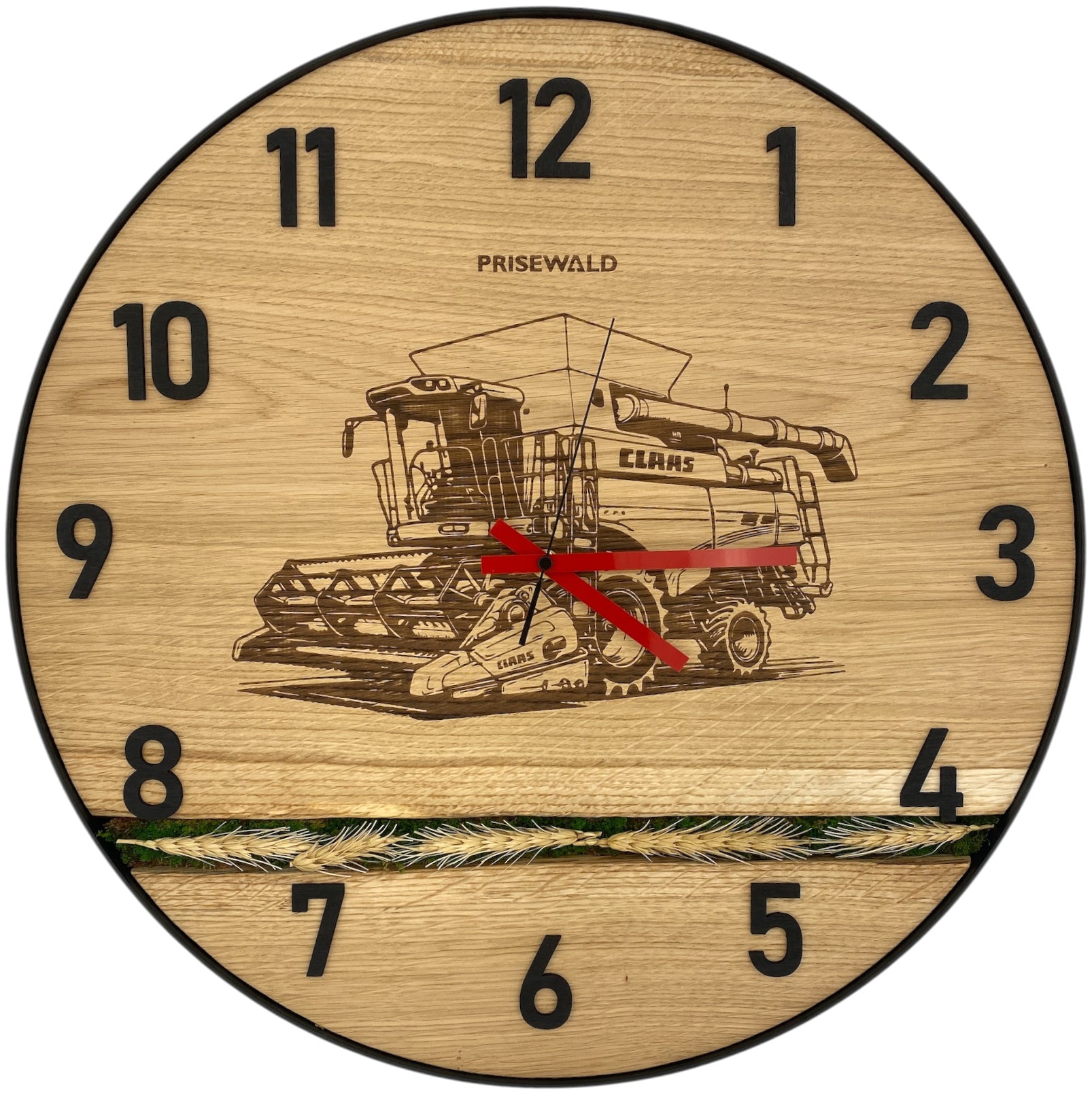Runde Wanduhr aus Eichenholz, 50 cm, schwarzer Rahmen, arabische Ziffern, Mähdrescher und Getreideähren, CLAAS - PRISEWALD