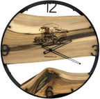 Runde Wanduhr aus Walnussholz, 50 cm, schwarzer Rahmen, Arabische Ziffern, Mähdrescher und Getreideähren, CLAAS - PRISEWALD